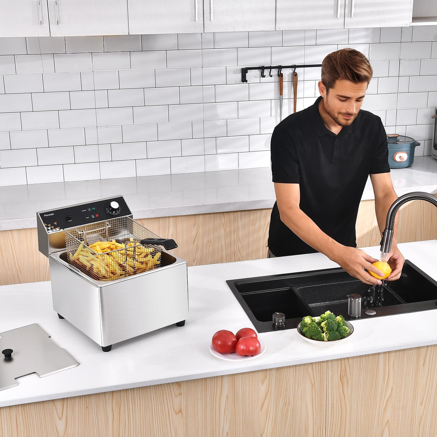 Deep Fryer with Basket, 1700w 19.7Qt Oil Tank/ 8.8Qt Basket, 0.6mm Thickened Stainless Steel Countertop Electric Fryer for Home and Commercial Use, Oil Fryer with Double Overheat Protection
