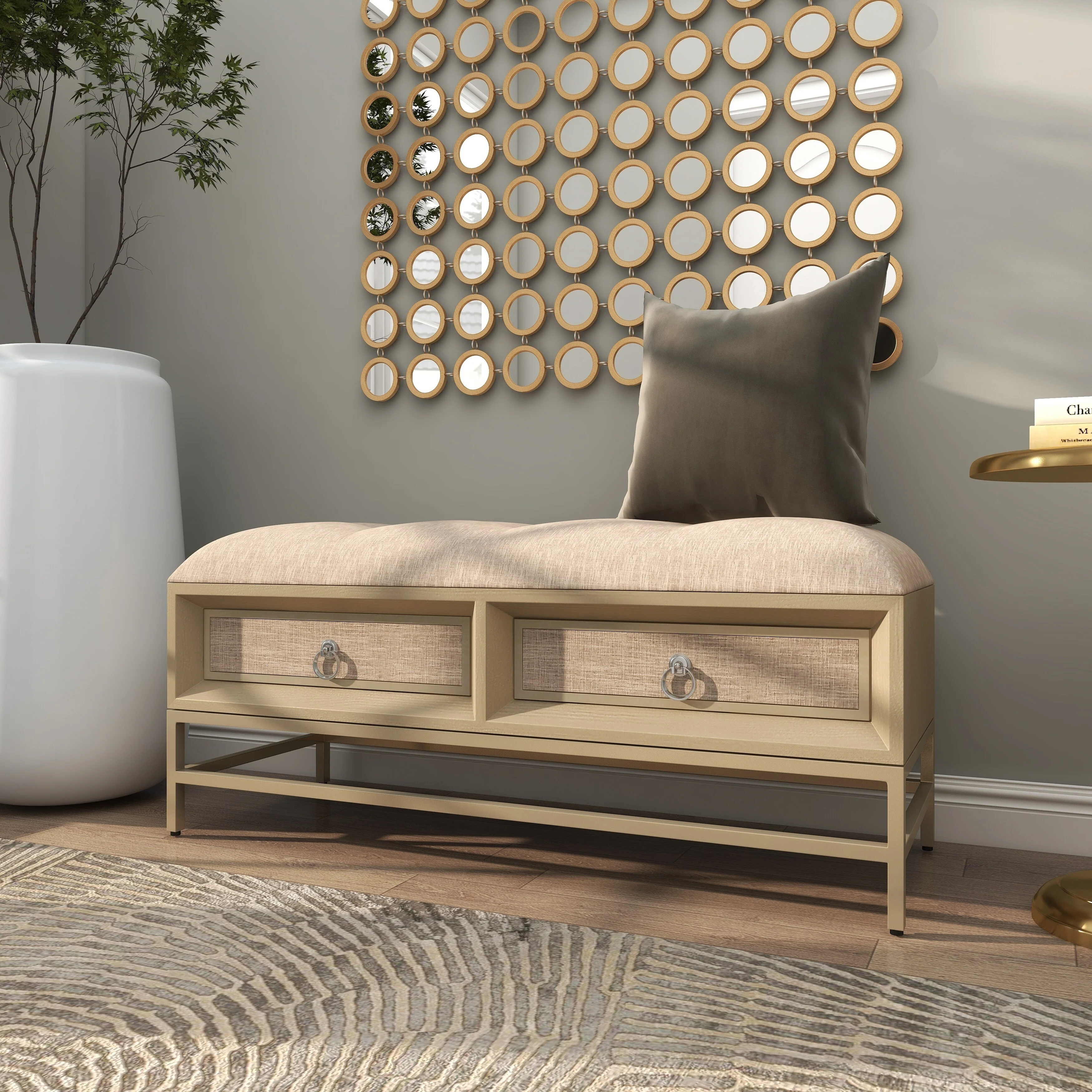 Benzara Metal and Wood Mirror Storage Bench