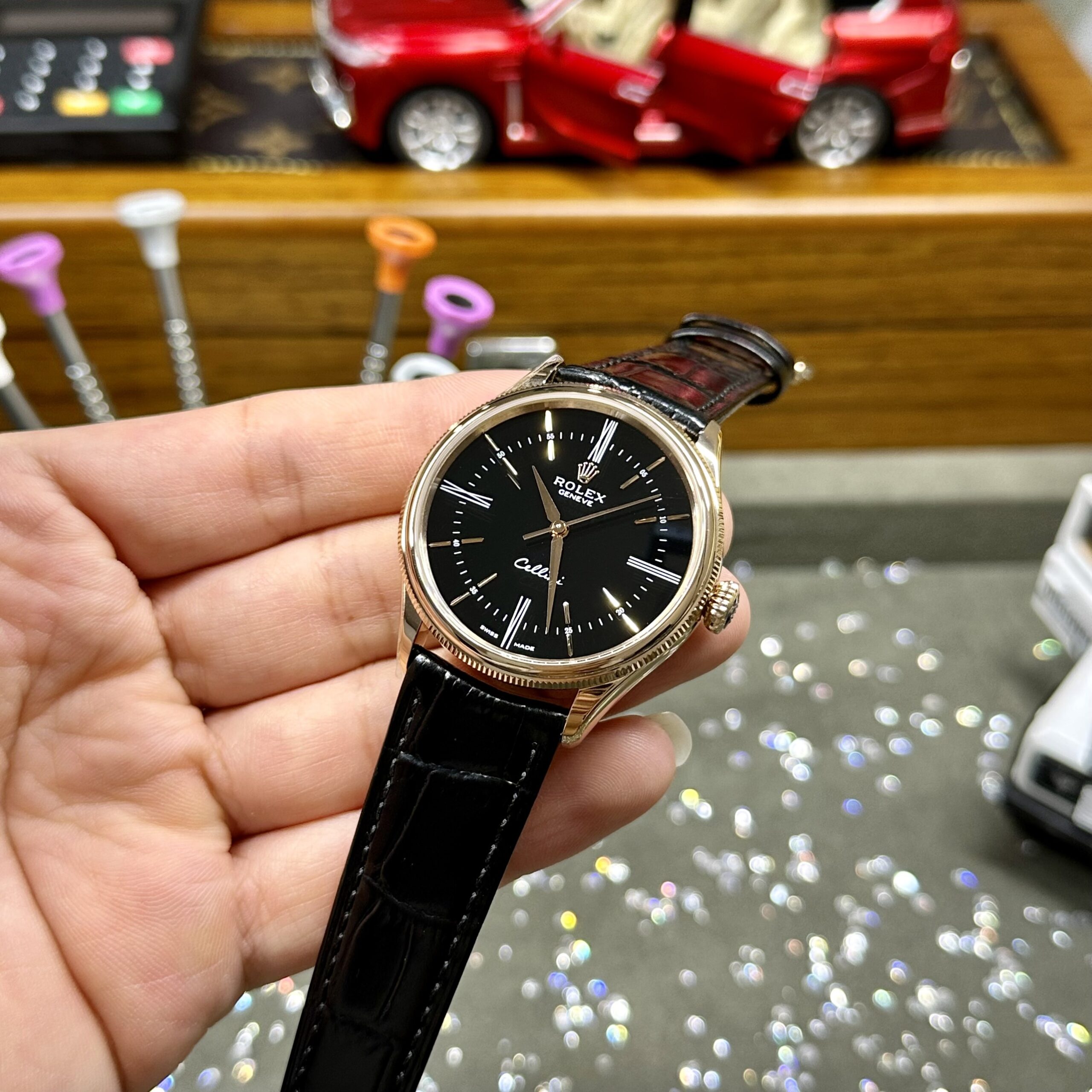Rolex Cellini 50505 RG Plated Black Dial 39mm Leather AAA Replica