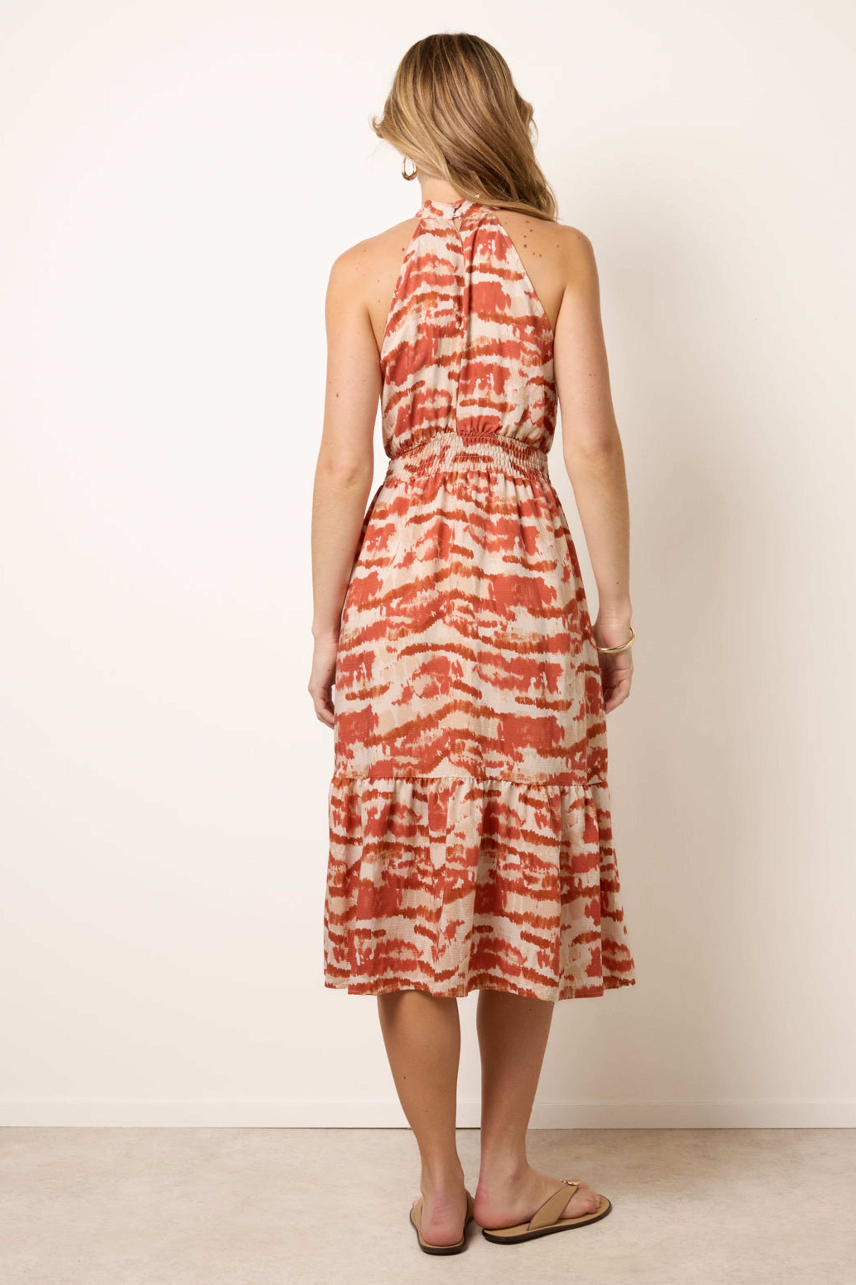 Blue Vanilla Burnt Orange Blurred Tiered Halter Neck Midi Dress
