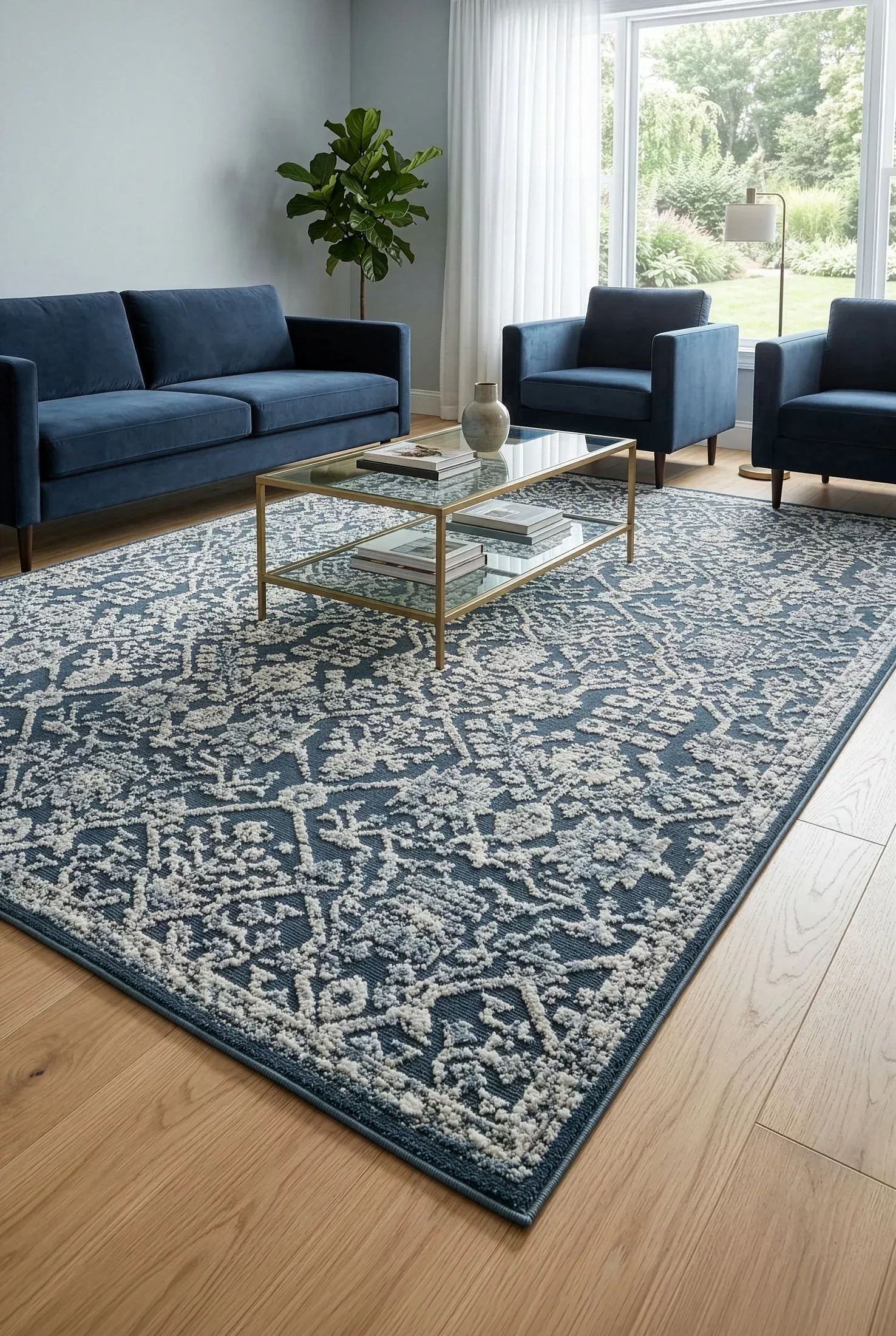 Dywan 80x150 cm ciemnoniebiesko, kremowy z wzorem ornamentu ELORA 6