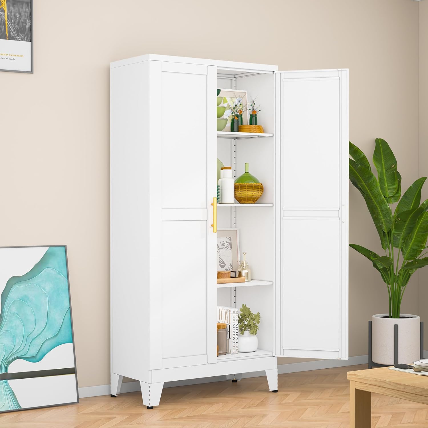 White Metal Storage Cabinet, 48 Steel Cabinets for Home Office, Kitchen Pantry Storage Cabinet with Doors and 3 Adjustable Shelves, for Office, Home, Garage, School