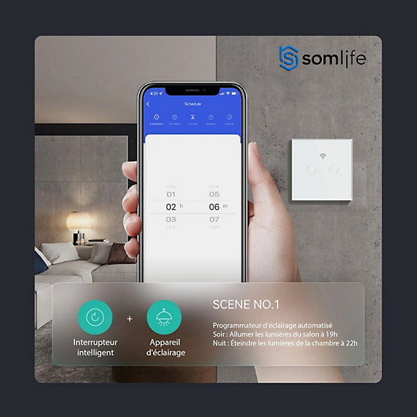 Interrupteur connecté tactile double SomLife application tuya smart lifeCompatible avec Alexa/Google Home