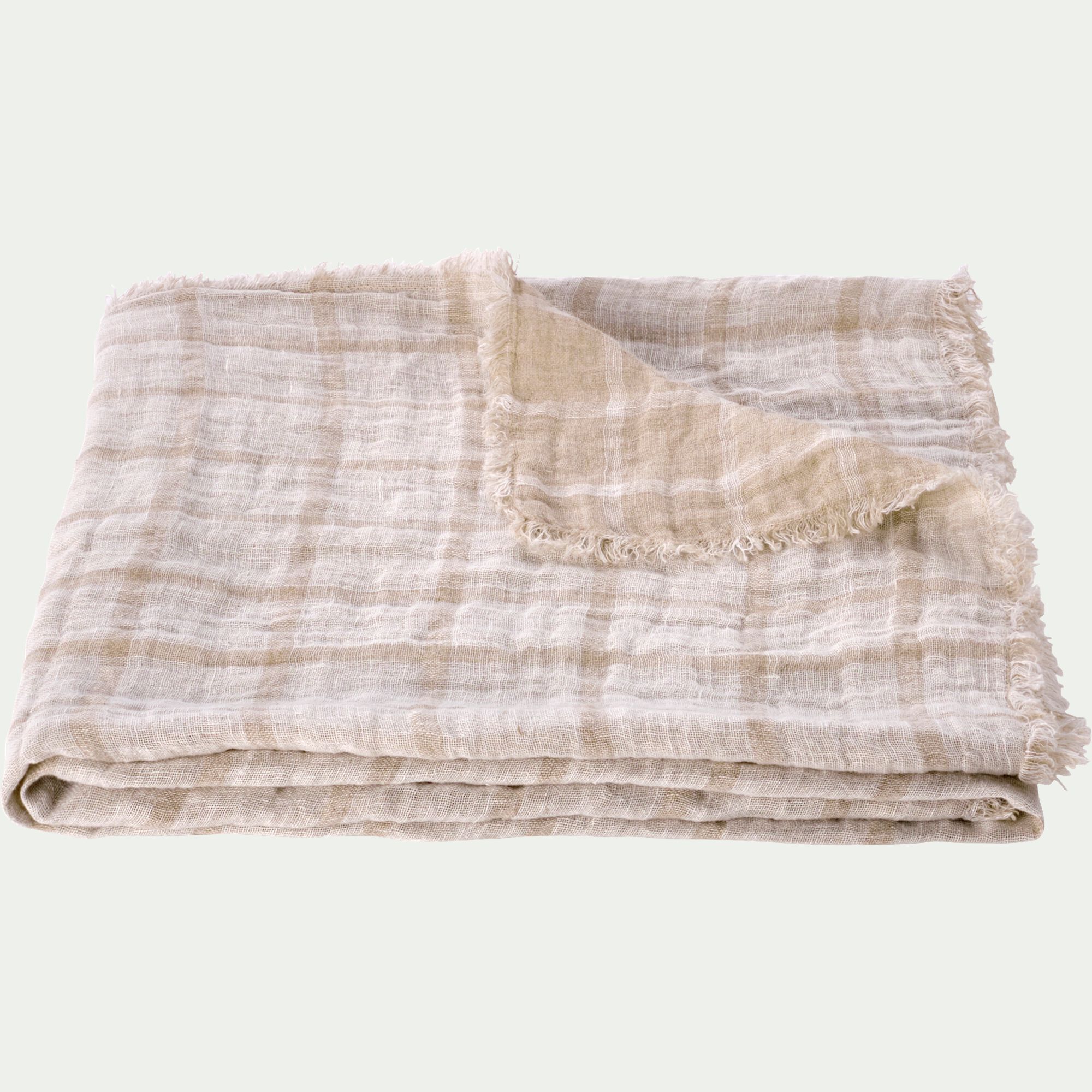 VALBEL - Plaid à carreaux en lin lavé 130x170cm - beige