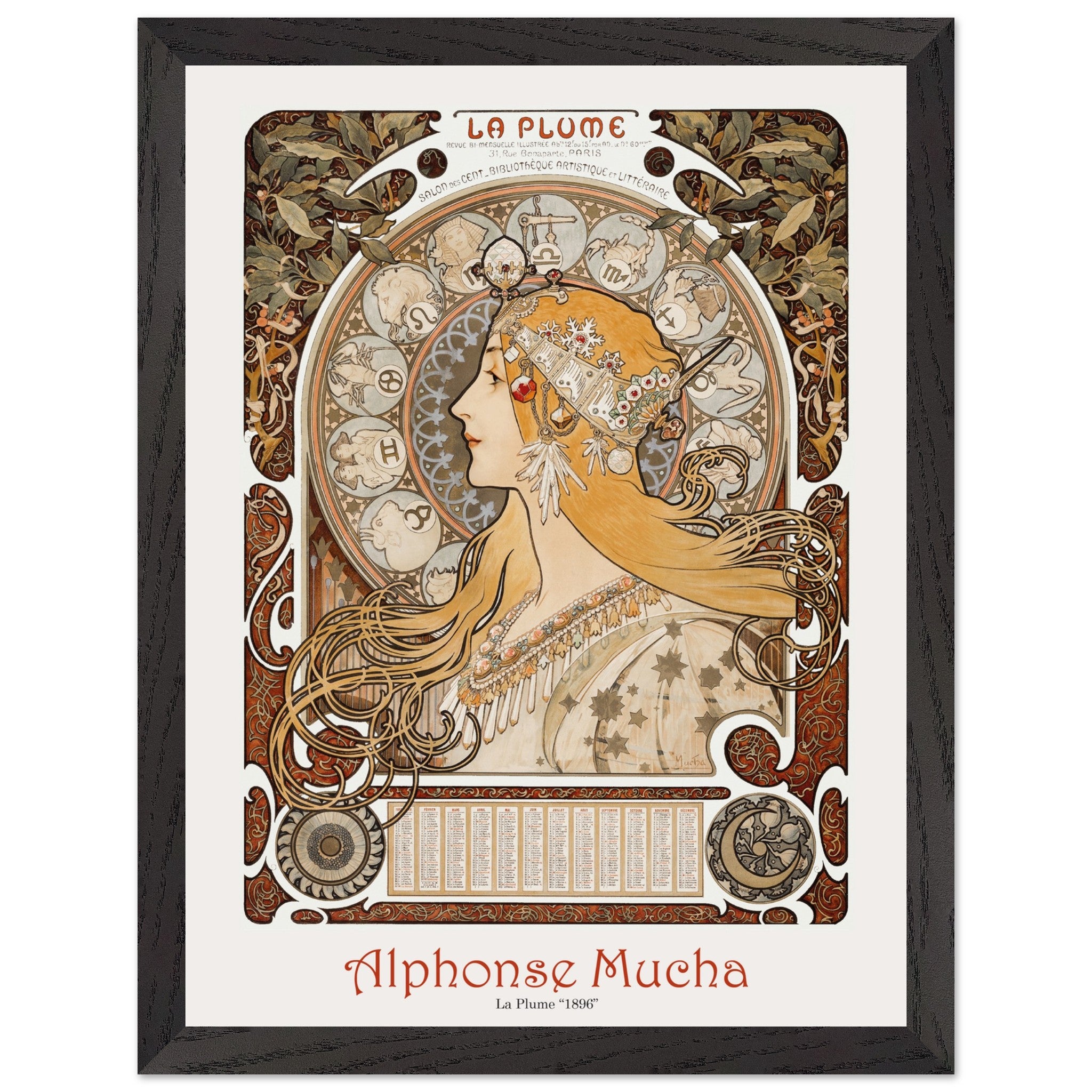Artfulprints Poster met Lijst Alphonse Mucha - La plume  - 30x40 cm - Bruin