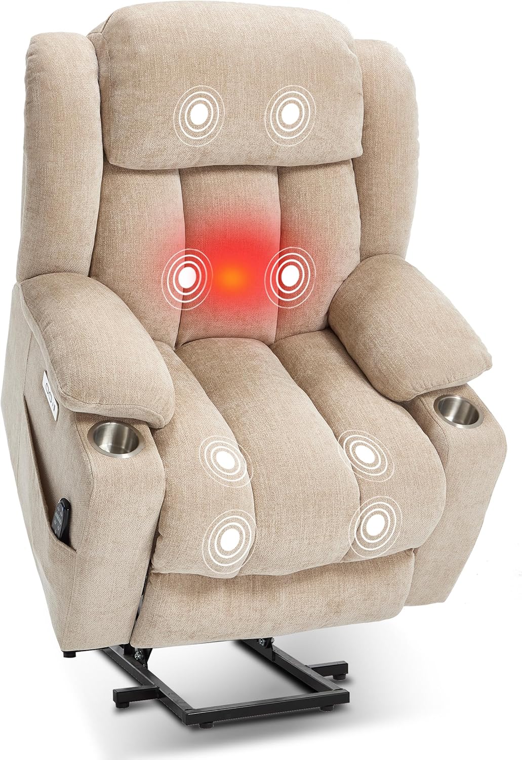 PELUMY Power Lift Recliner Chair for Elderly, Heavy Duty 350 lbs, Massage & Heat, Dual USB Ports & Cup Holders, Electric Recliner, Chenille Fabric (Beige)