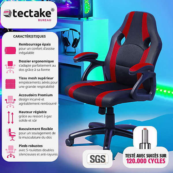 Chaise de bureau gaming ergonomique en cuir synthétique noir et rouge