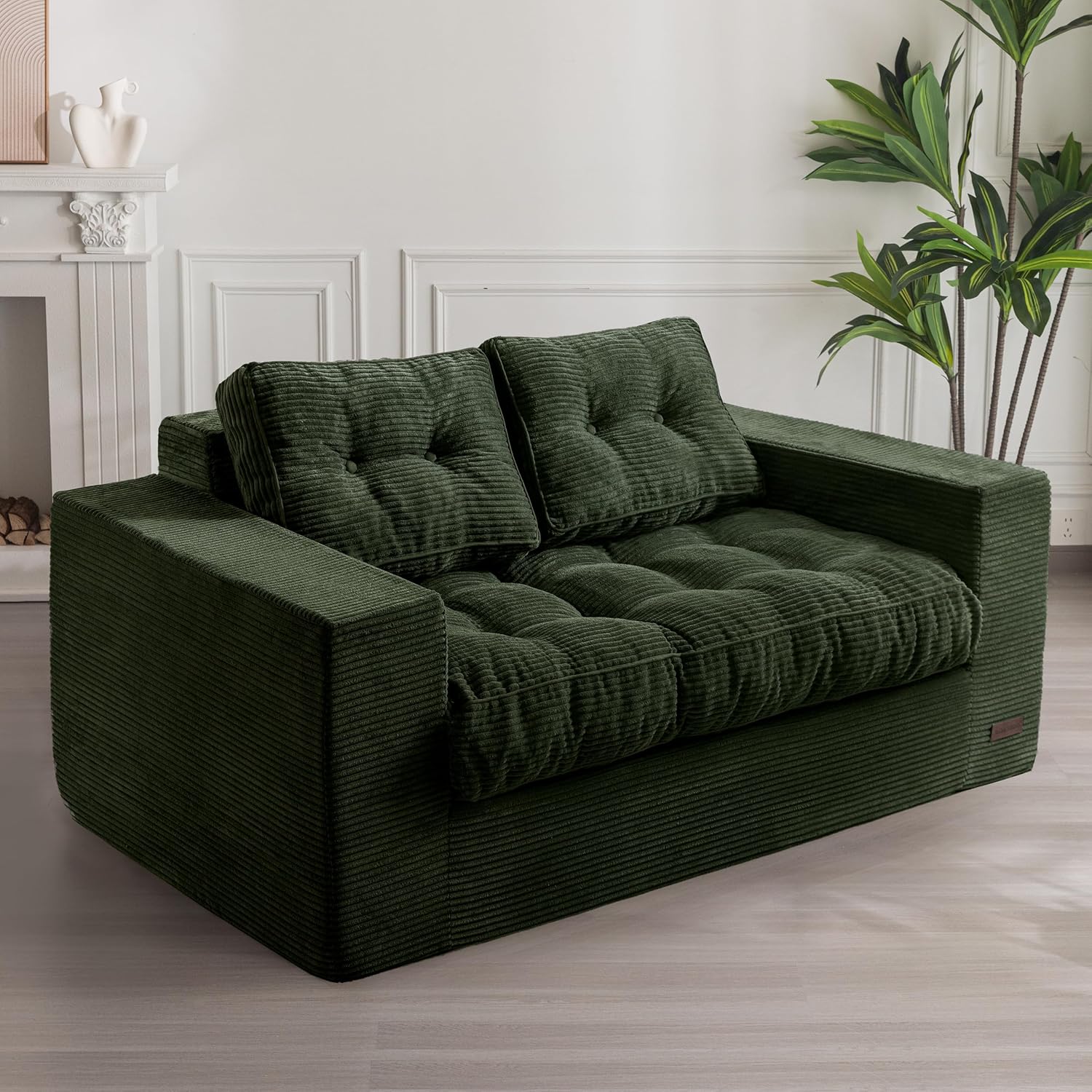 MAXYOYO Loveseat Sofa Couch for Living Room, Boneless Couch with Tufted Cushion & Backrest, Upholstered Floor Sofa for Adults, No Assembly Required, Dark Green