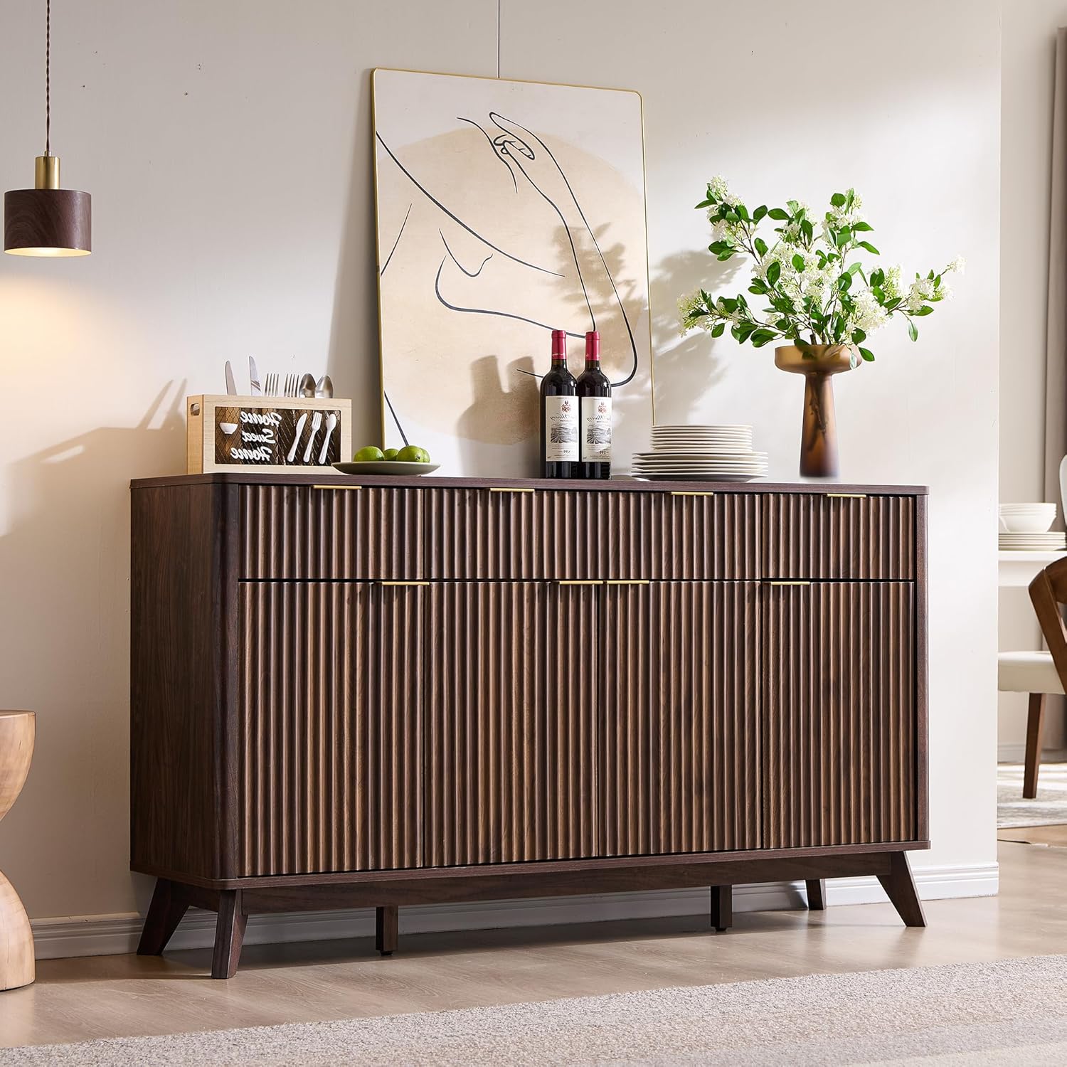 T4TREAM Fluted Buffet Sideboard Cabinet with Storages, 60 Large Modern Buffet Table Coffee Bar Wine Bar Storage Cabinet with 3 Drawers & 4 Doors for Dining Room, Living Room, Hallway(Dark Walnut)