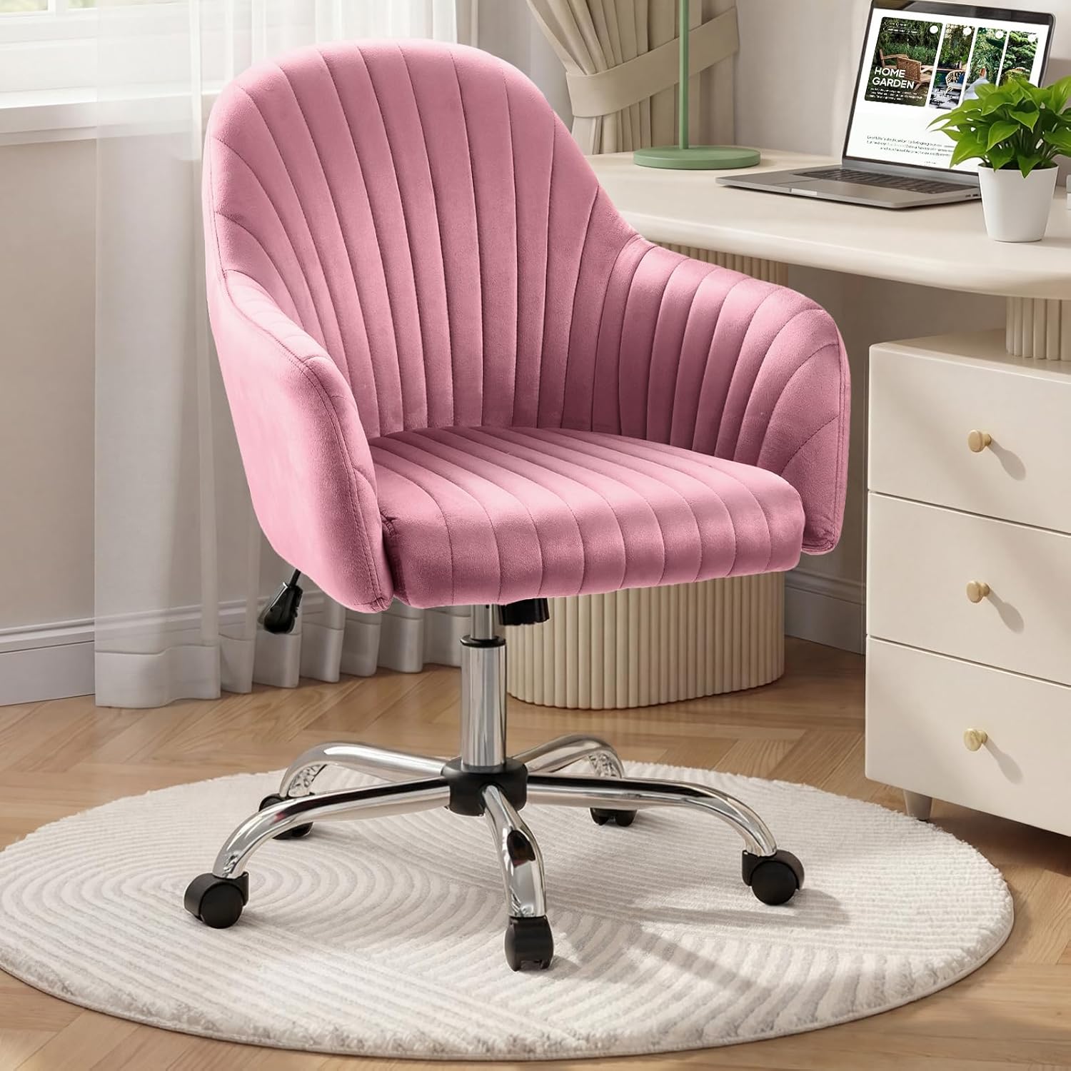 Warmiehomy Office Chair, Velvet Desk Chair for Home Office, Cozy Vanity Chair, Girl Cute Makeup Chair with Arm Rest for Bedroom Dressing Room (Dusty Rose)
