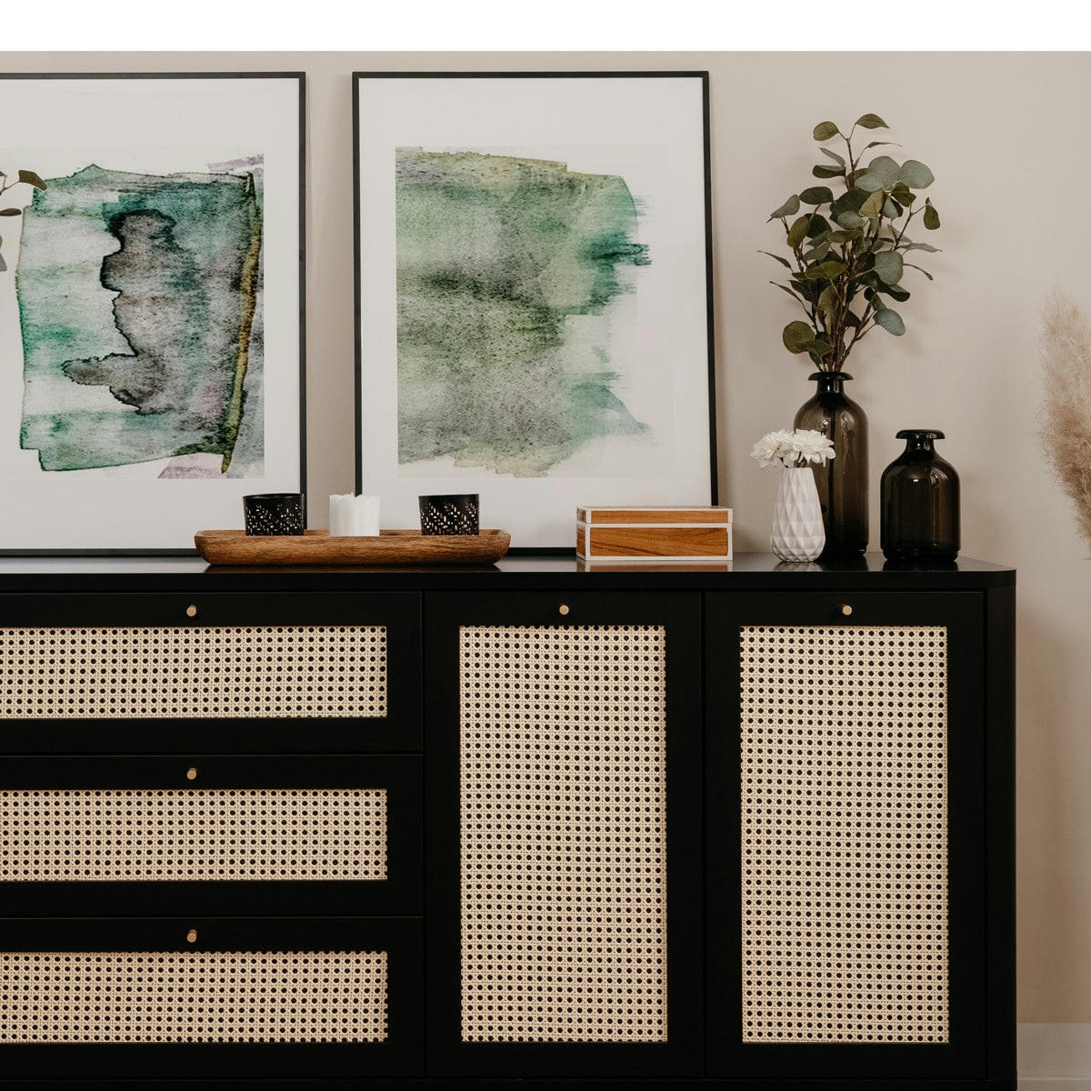 PADANG - Buffet cannage et effet bois noir 175 cm