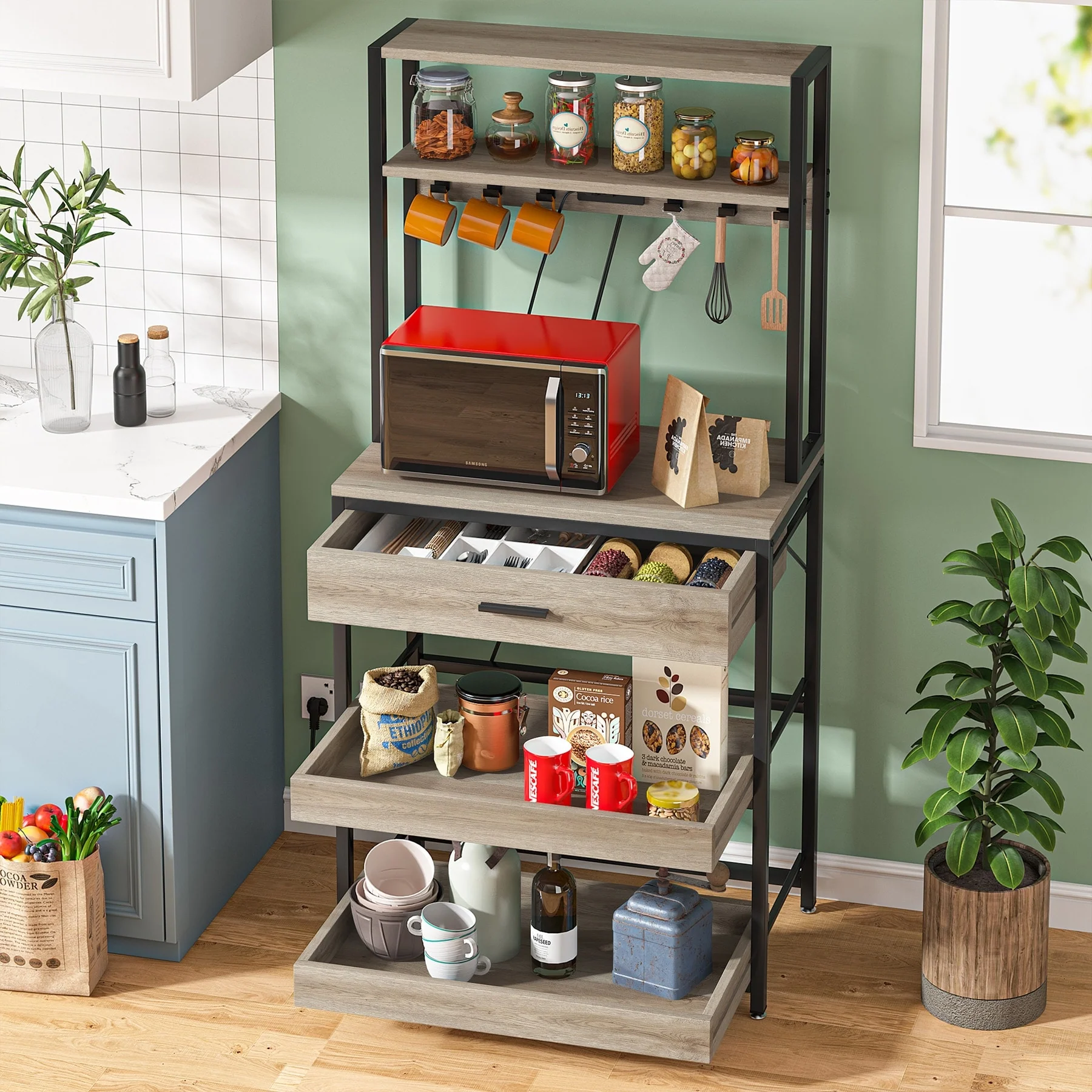 Kitchen Bakers Rack with Power Outlets, High Utility Storage Shelves Microwave Stand with Drawers