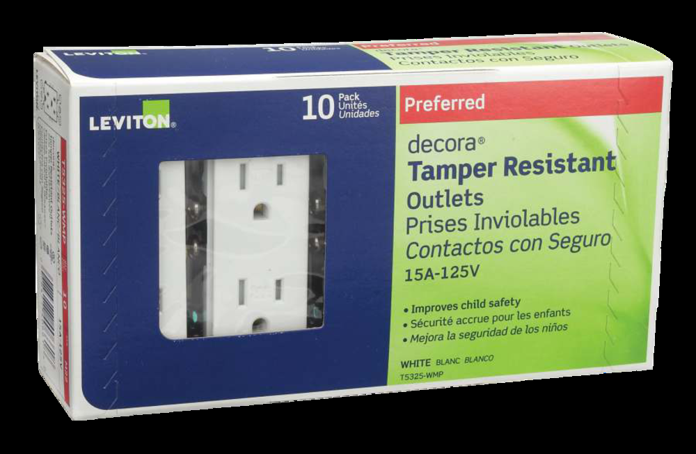 Leviton T5325-752 Decora Tamper-Resistant Duplex NEMA 5-15R Outlet, 15A, 125V, Grounding, White, 10-pk