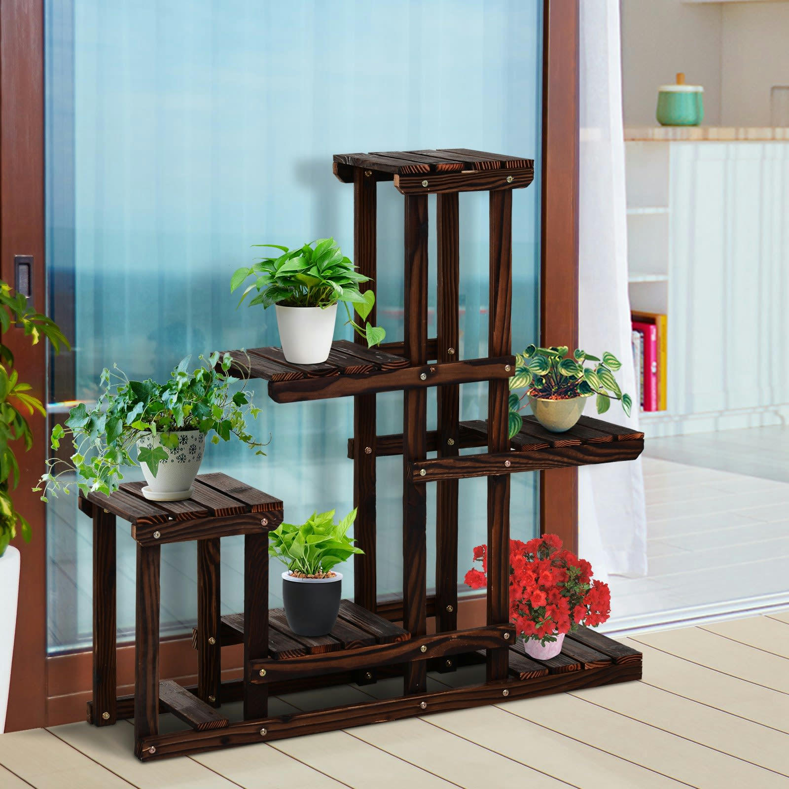 - Étagère à fleurs en bois porte plante bois 6 tablettes bois pin