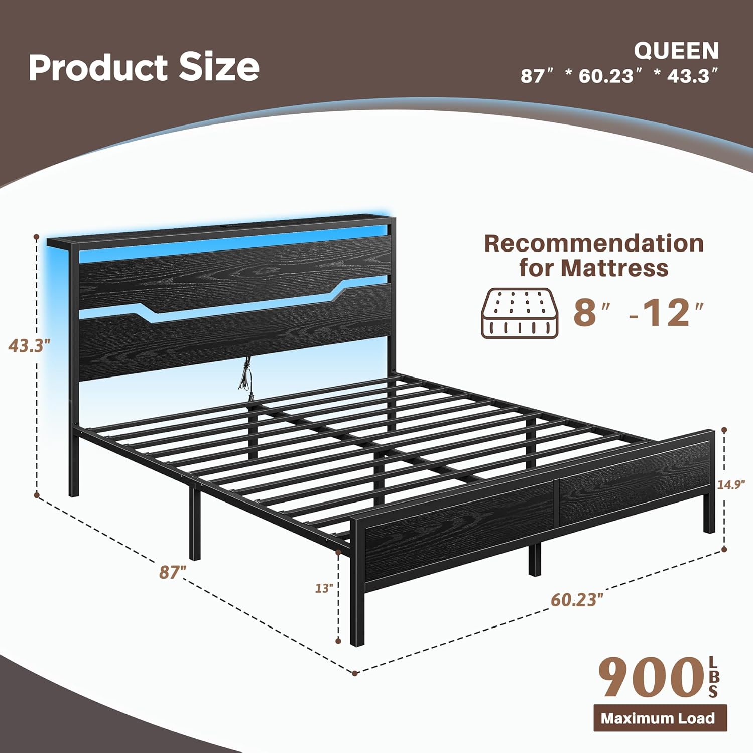Queen Bed Frame with LED Lights & Charging Station, Bed Frame Queen Size with Headboard,13 Under Bed Storage, Noise-Free Heavy Duty Metal Support, Modern Black