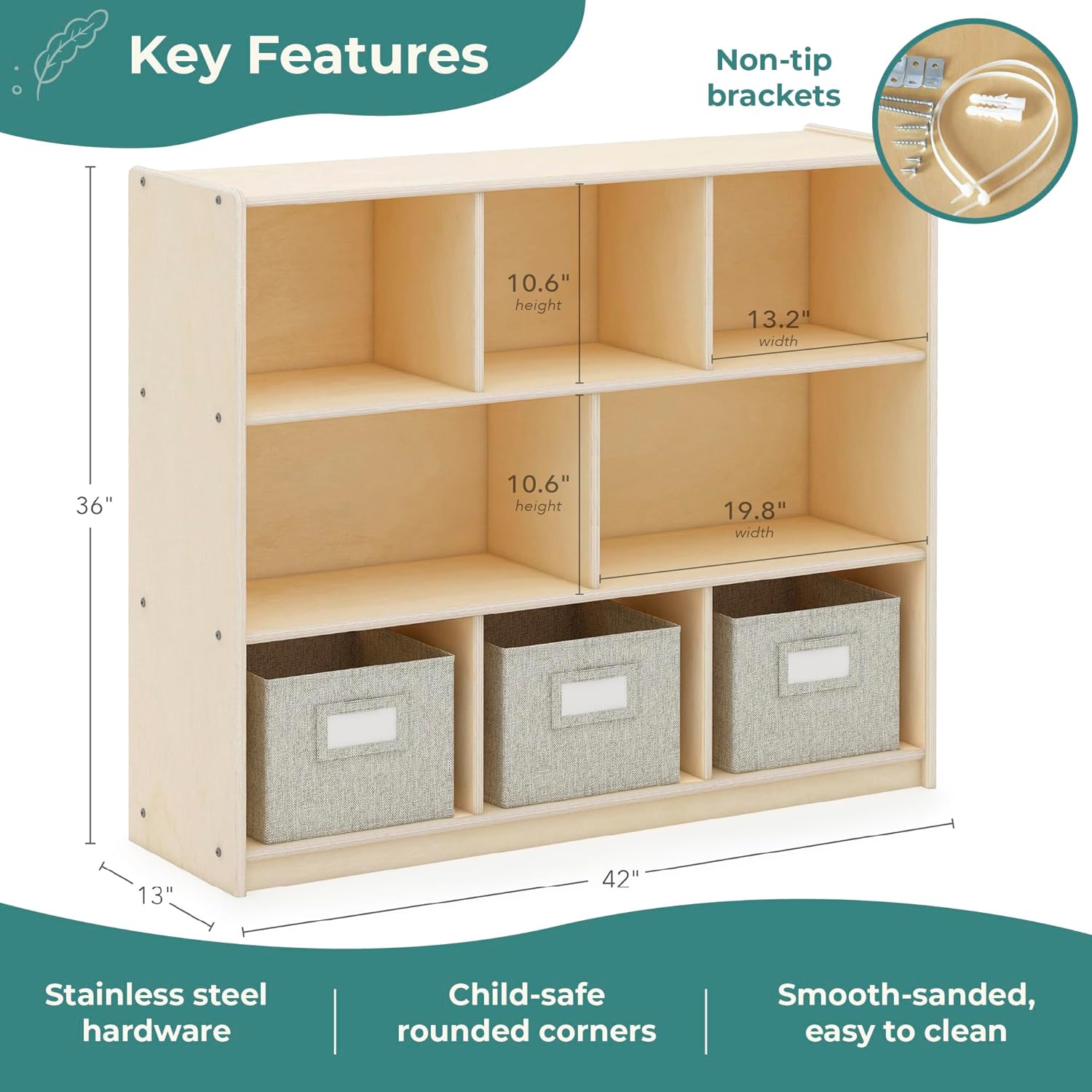 Guidecraft EdQ Three Shelf Compartment Storage Natural with 3 Fabric Bins: Wood Bookshelf and Toy Organizer for Kids, Storage Unit for Homeschool and Classroom