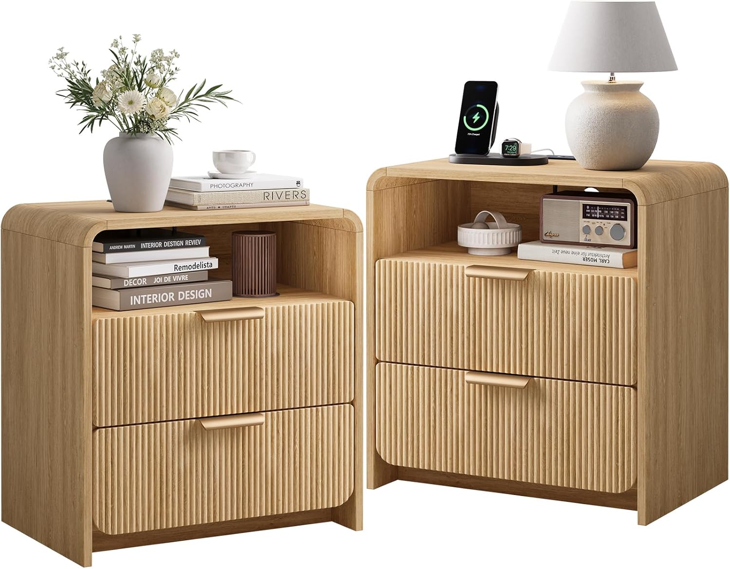 24 Fluted Nightstand Set of 2 with Charging Station, Bedside Table with Metal Handle, NightStand with 2 Drawer and Shelf, End Table for Bedroom, Curved Profile, Natural Oak