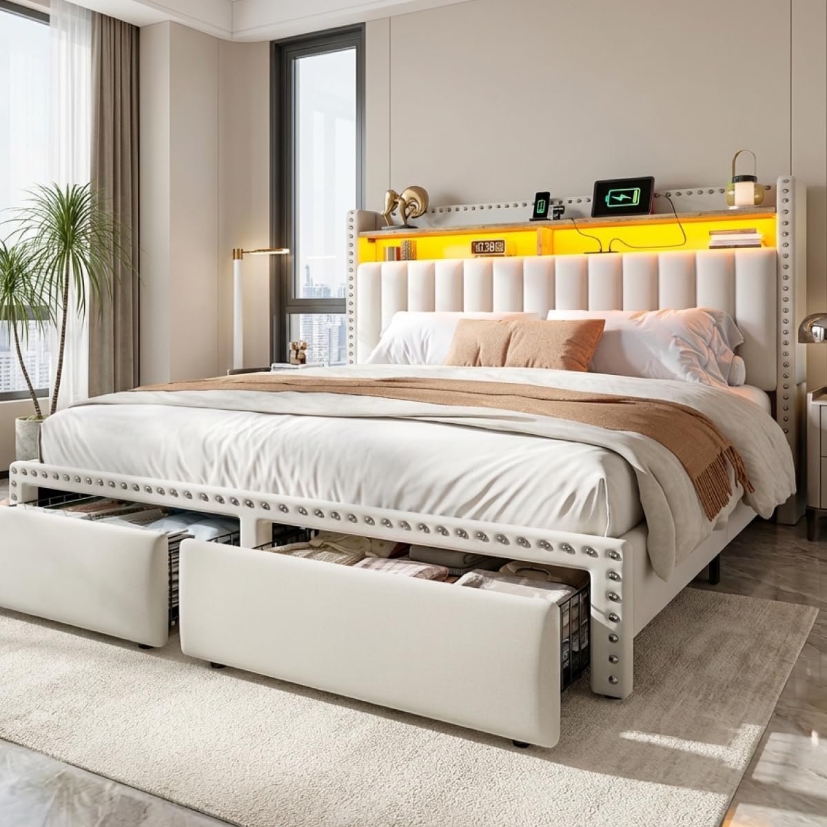 EnHomee Queen Bed Frame with 2 Storage Drawers, Upholstered Queen Platform Bed with LED Lights and Charging Station, Sturdy Wooden Slats Support, No Box Spring Needed, Noise Free, Beige