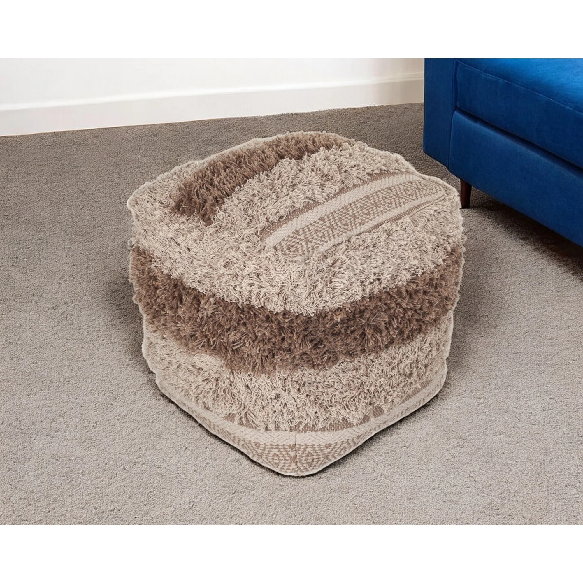18 Inch Pouf Ottoman Beige Striped Cotton Blend Footrest or Seat Cube