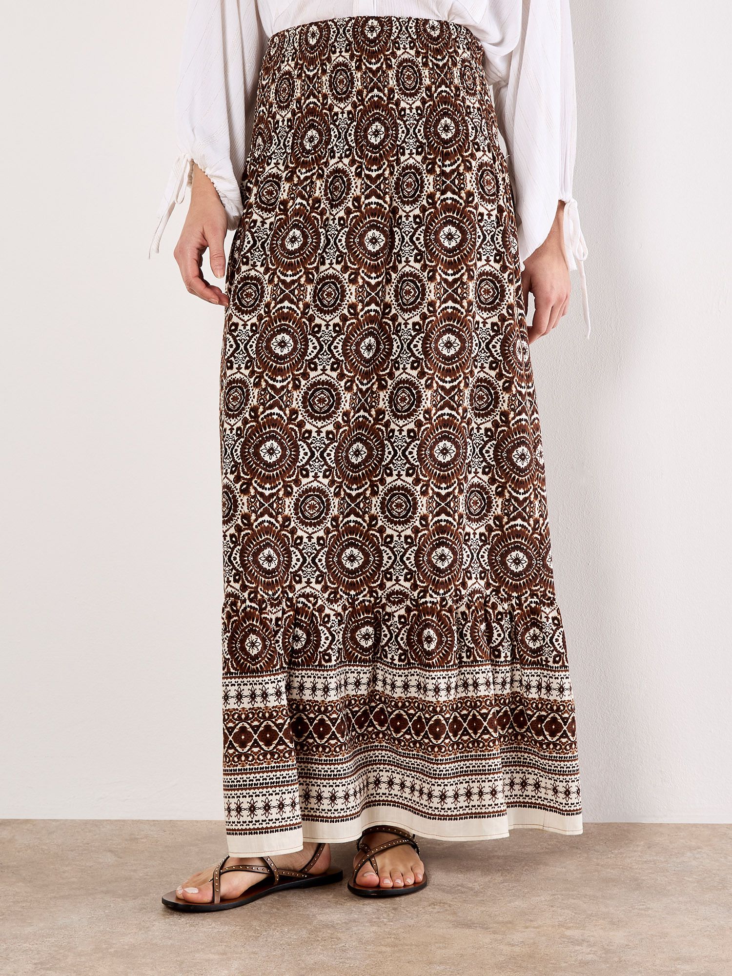 Apricot Batik Print Smocked Maxi Skirt