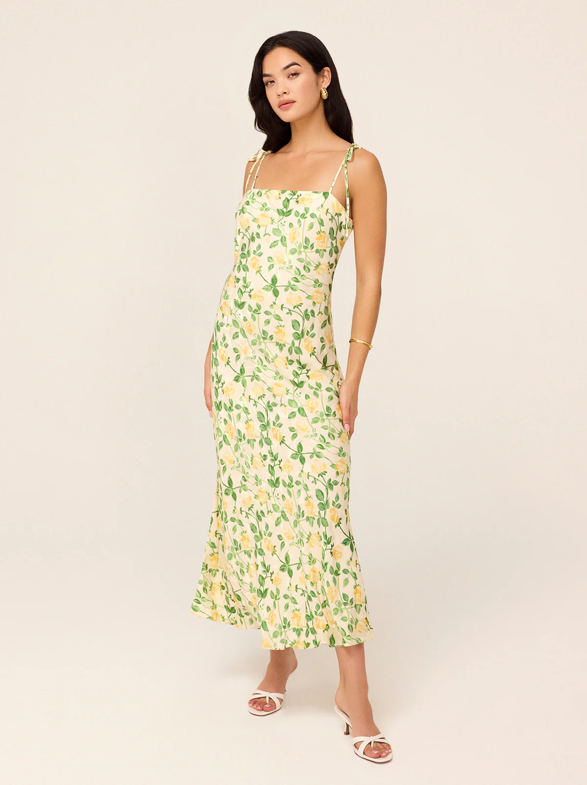 Giulia Yellow Rose Printed Jacquard Tie Shoulder Maxi Dress