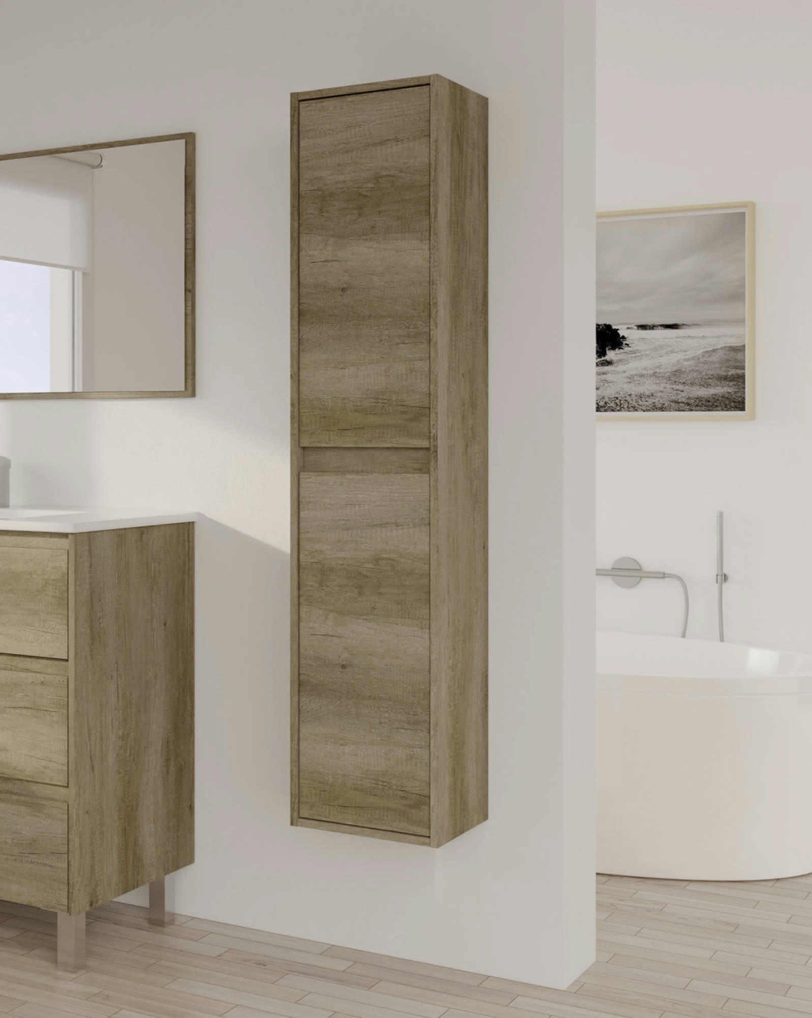 SALINAS - Colonne de salle de bain avec 2 portes effet bois chêne