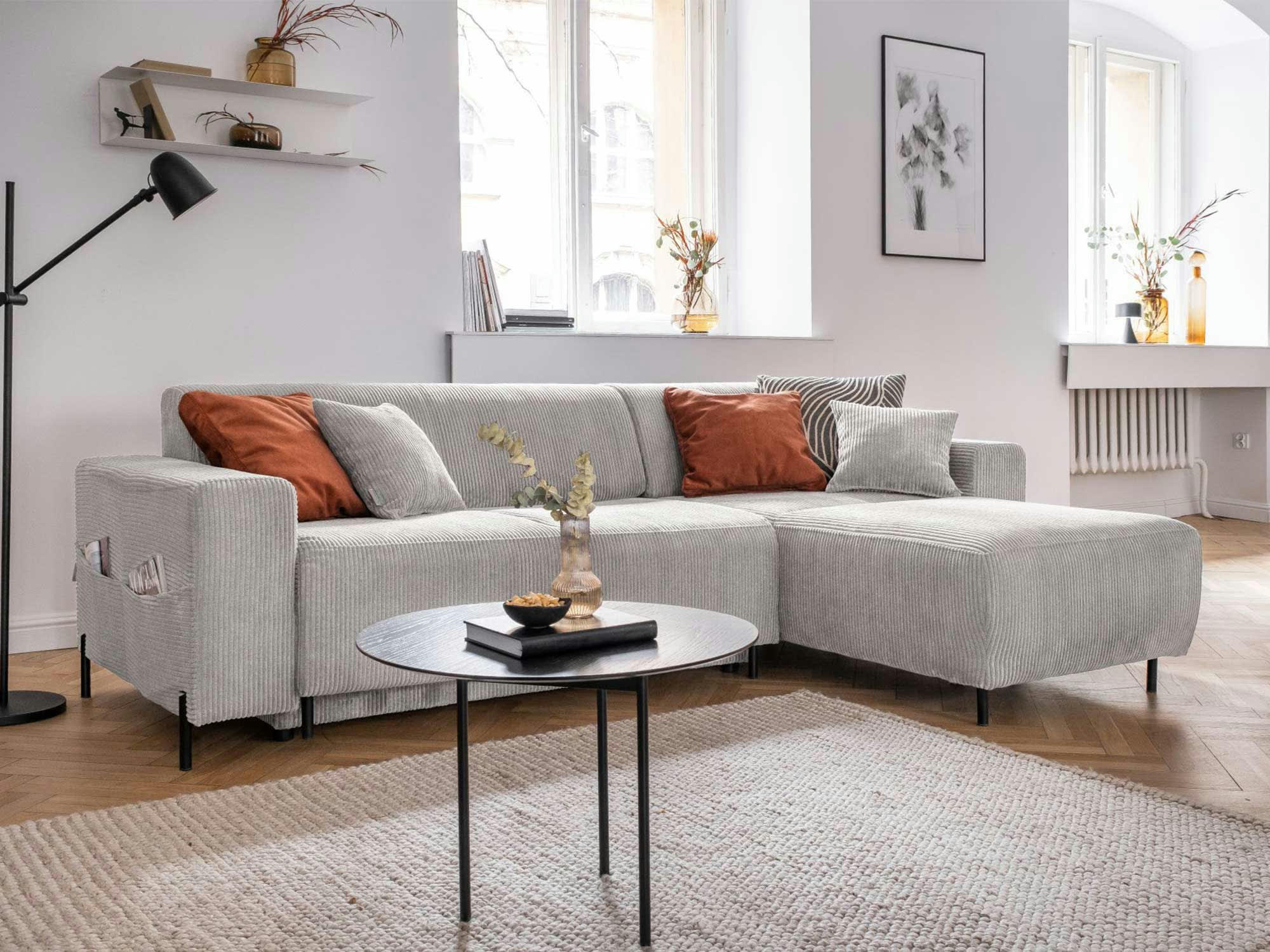 CUDDLY - Canapé d'angle réversible convertible 4 places en velours côtelé beige