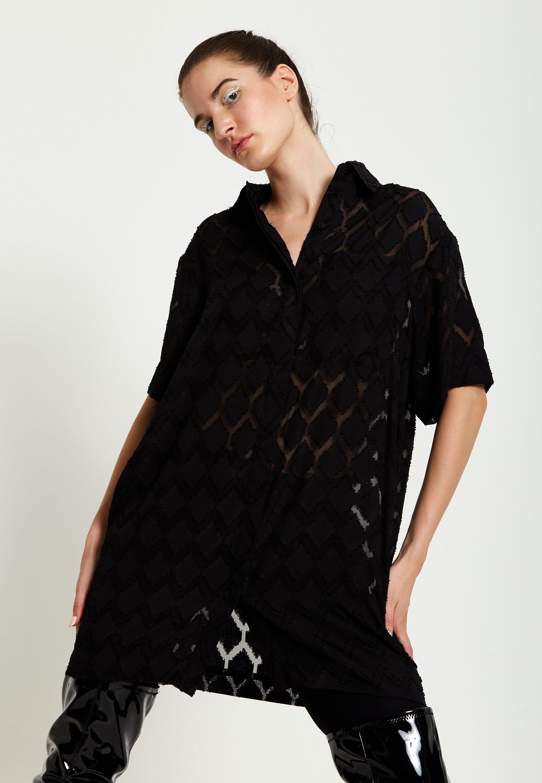House of Holland Logo Back Shirt In Black With Green Embroidery