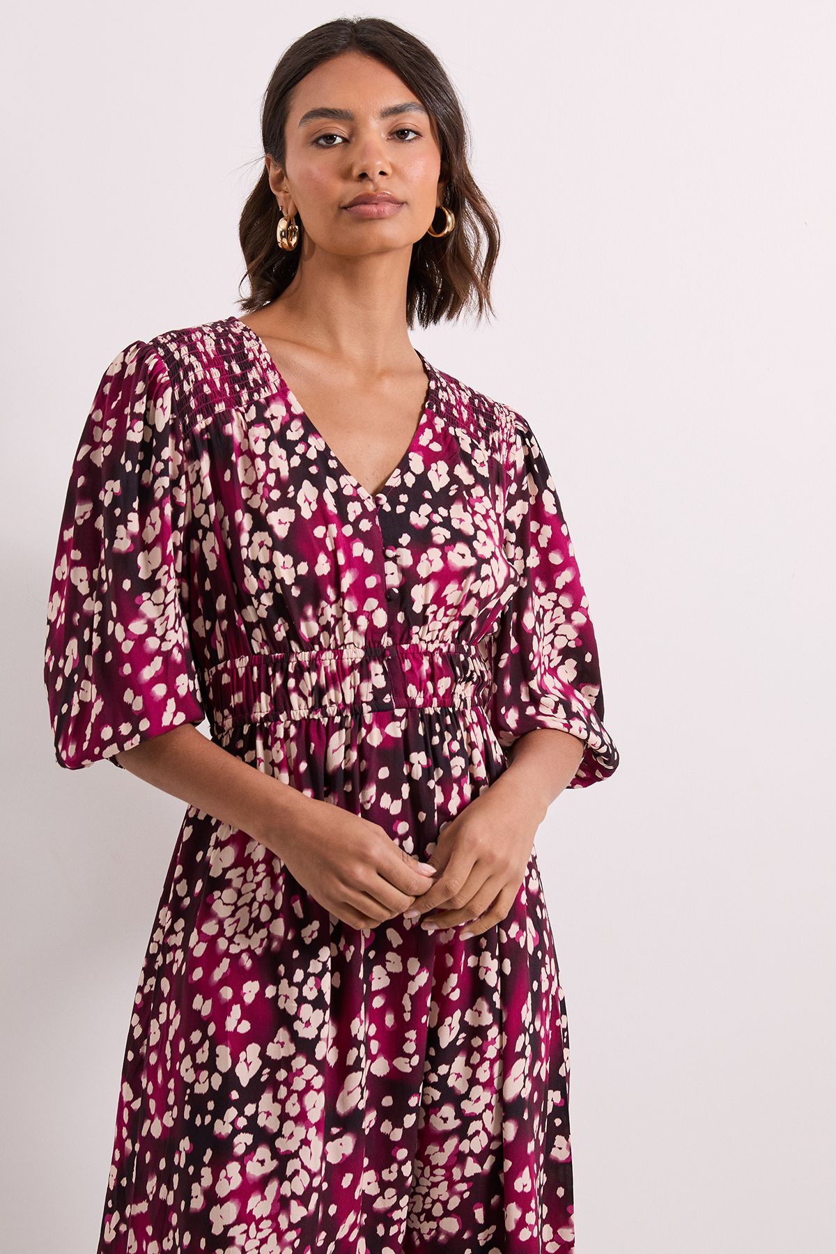 Dorothy Perkins Burgundy Animal Shirred Detail Blouson Sleeve Midi Dress