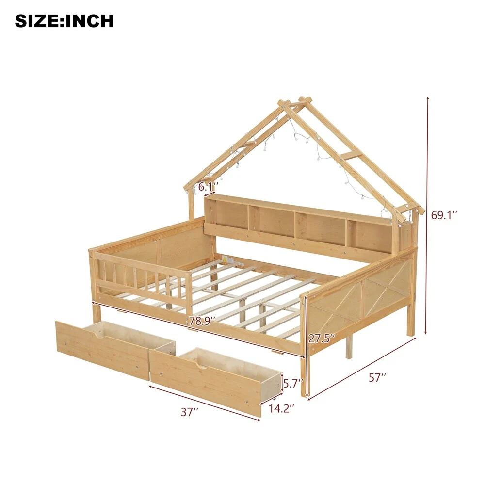 Wood Full Size House Platform Beds w/LED,Storage Shelves and Guardrail