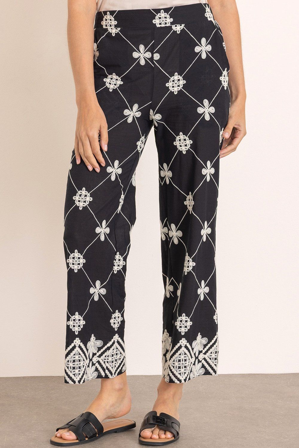 Klass. Embroidered Wide Leg Pull On Cotton Trousers