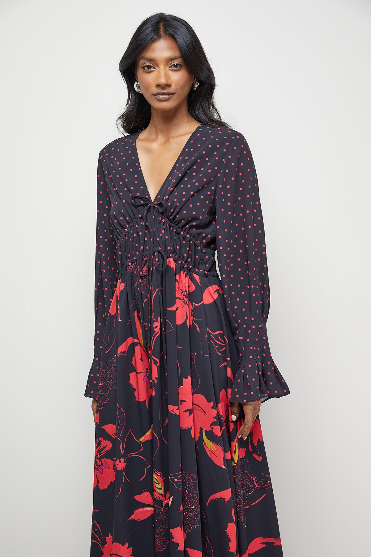 Warehouse Mixed Print Chiffon Tie Detail Midi Tea Dress