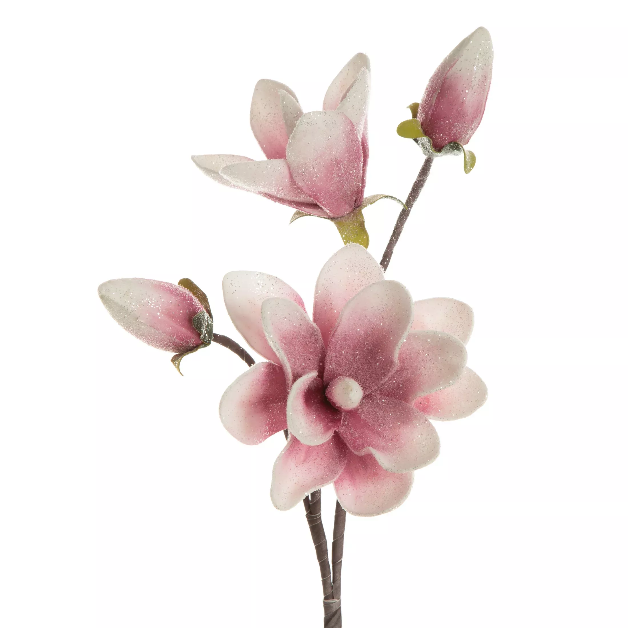 Kwiat sztuczny magnolii różowo, srebrny oprószony brokatem z plastycznej pianki foamiran 59 cm