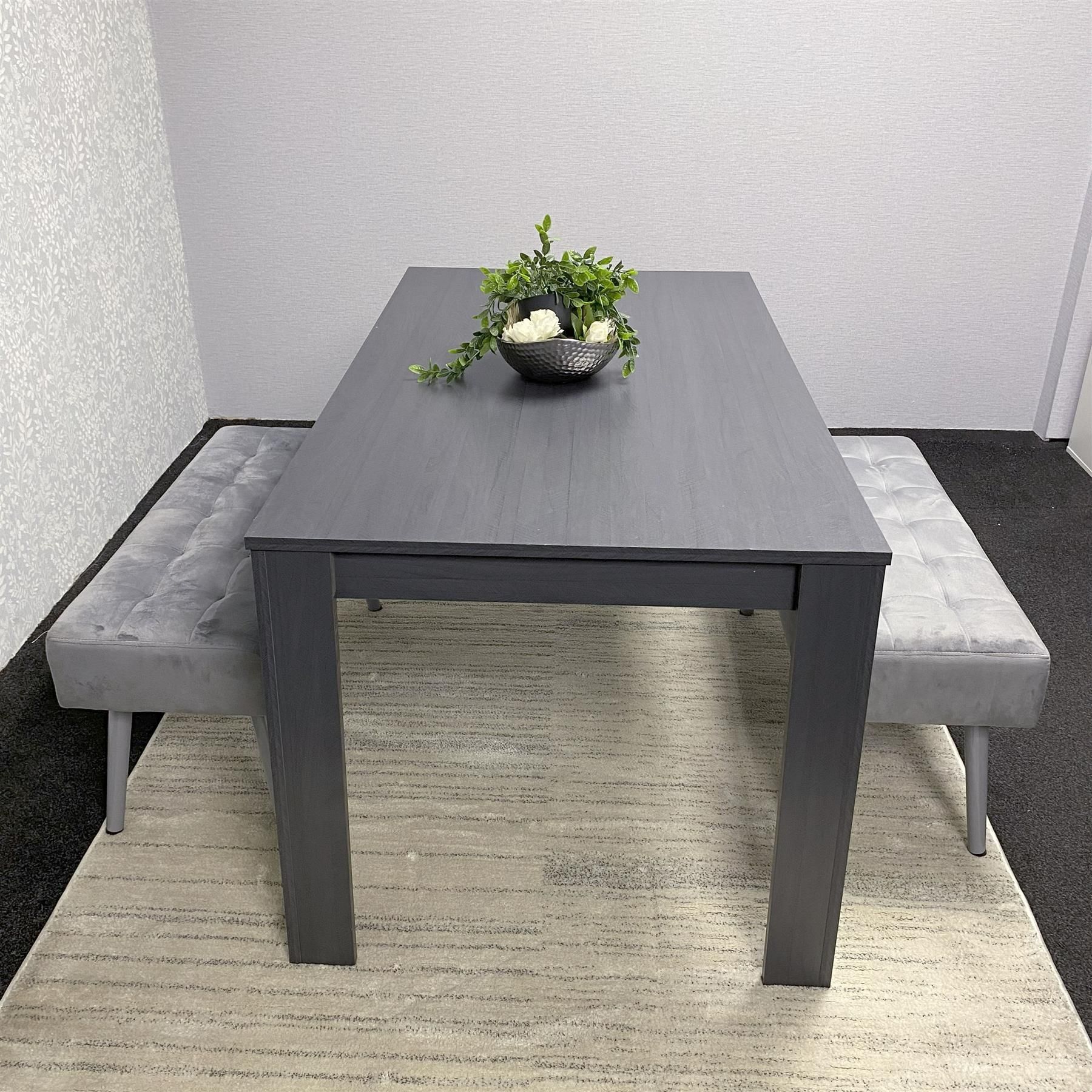 KOSY KOALA Modern Dark Grey Dining Table Set with 2 Grey Velvet Benches Stylish Dining Room Furniture
