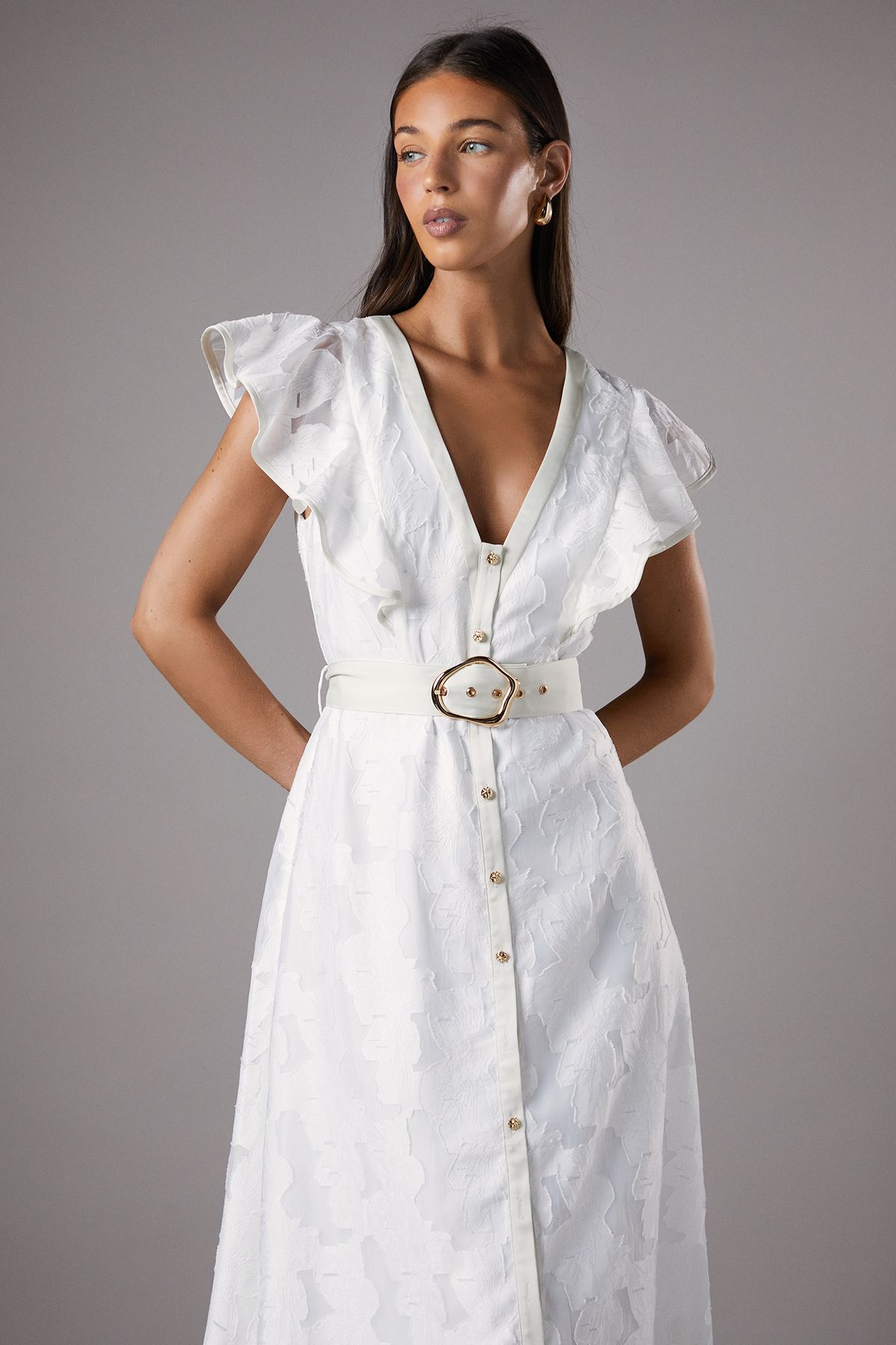 Coast V Neck Organza Jacquard Button Down Midi Dress