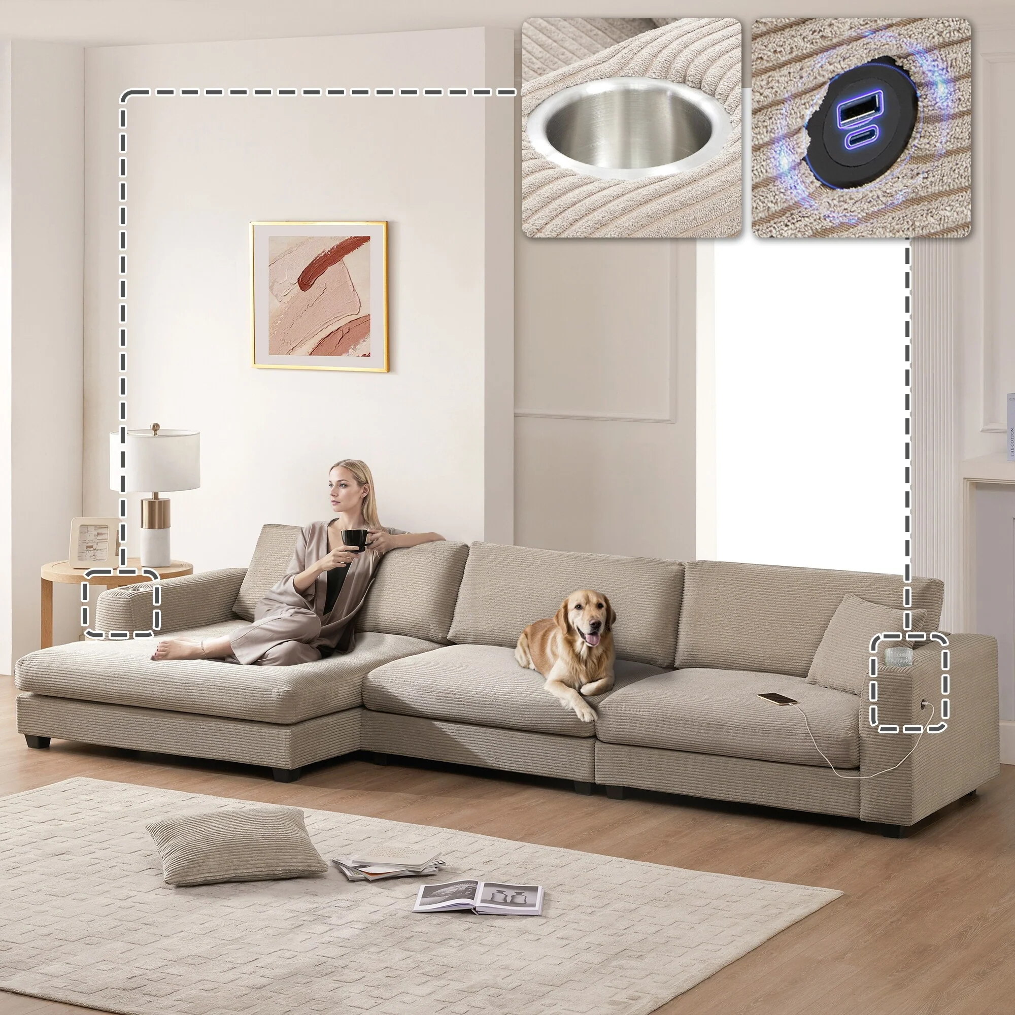 Deep Seat Recliner Sectional Sofa L Shape Cloud Couch wUSB, Cup Holder