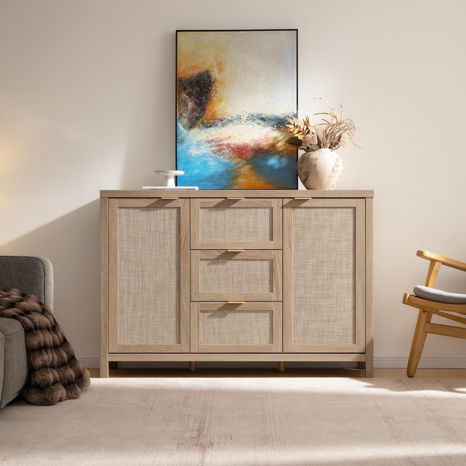 SICOTAS 52 Larger Sideboard Buffet Coffee Bar Cabinet with Storage - Farmhouse Rattan Credenza Storage Cabinet with 3 Drawers and 2 Doors, Boho Console Table for Living Room, Kitchen, Light Oak