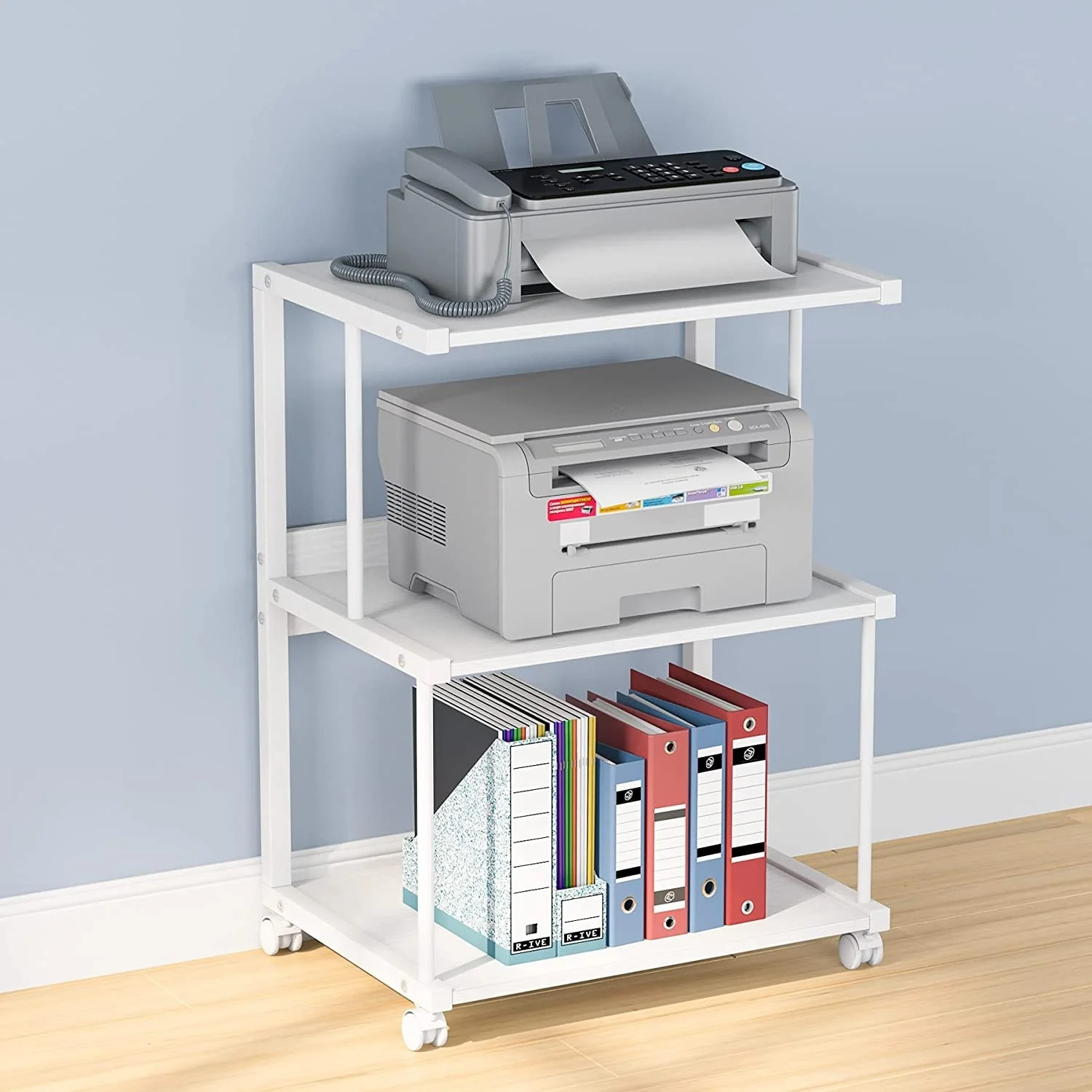 3-Shelf Printer Stand with Storage, Rolling Printer Table Machine Cart with Wheels, Mobile Desk Organizer Shelves for Office