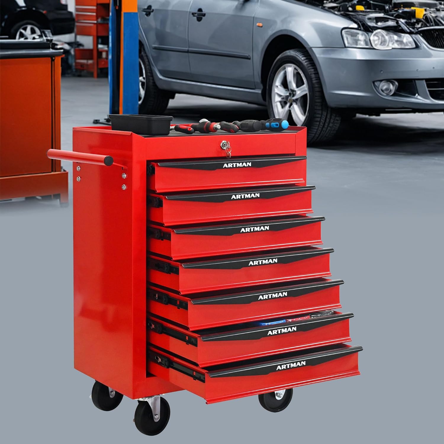 Red Metal Tool Chest with Wheels,Portable Rolling Tool Cabinet with 7 Drawers,Large Tools Chests & Cabinets with Key Locking/Pull Handle/Ball Bearing Slide for Garage Warehouse (Red+Black 7-Drawer)