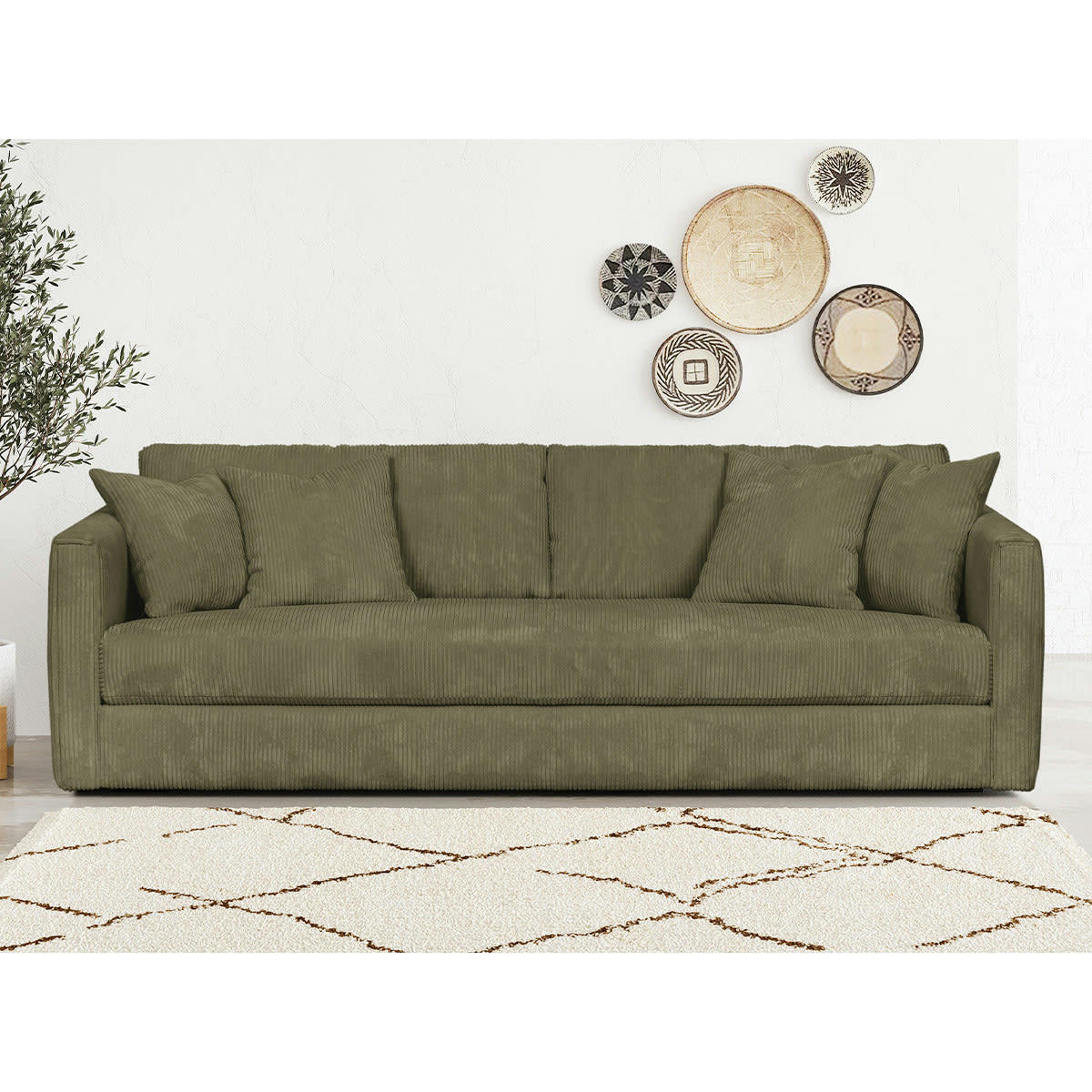 DENVER - Canapé 4 places en velours côtelé vert kaki + 4 coussins
