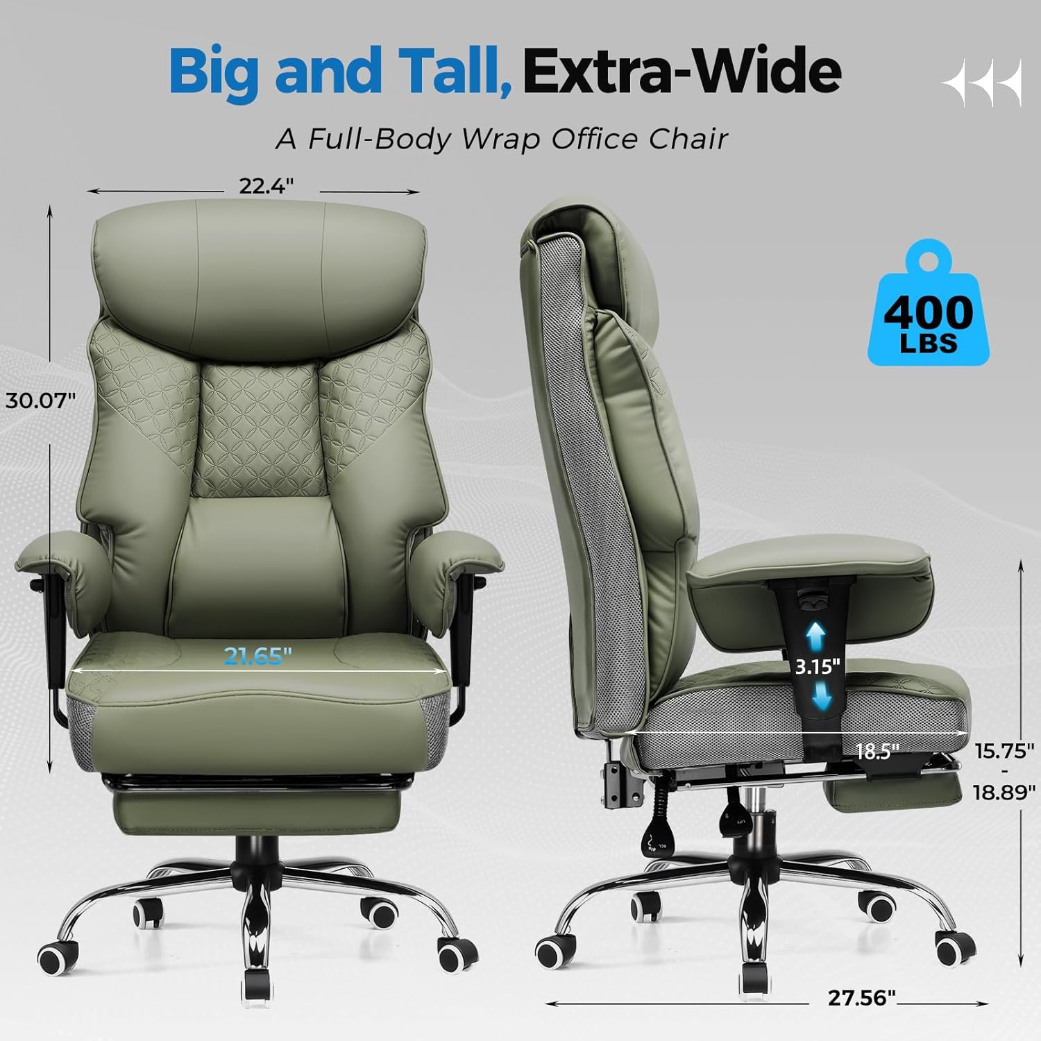 GTPLAYER Big and Tall Office Chair, High Back Computer Gaming Chair with Ergonomic Lumbar Support &Pocket Spring Cushion for Lower Back Pain Relief, Leather Executive Chair with Foot Rest, Green