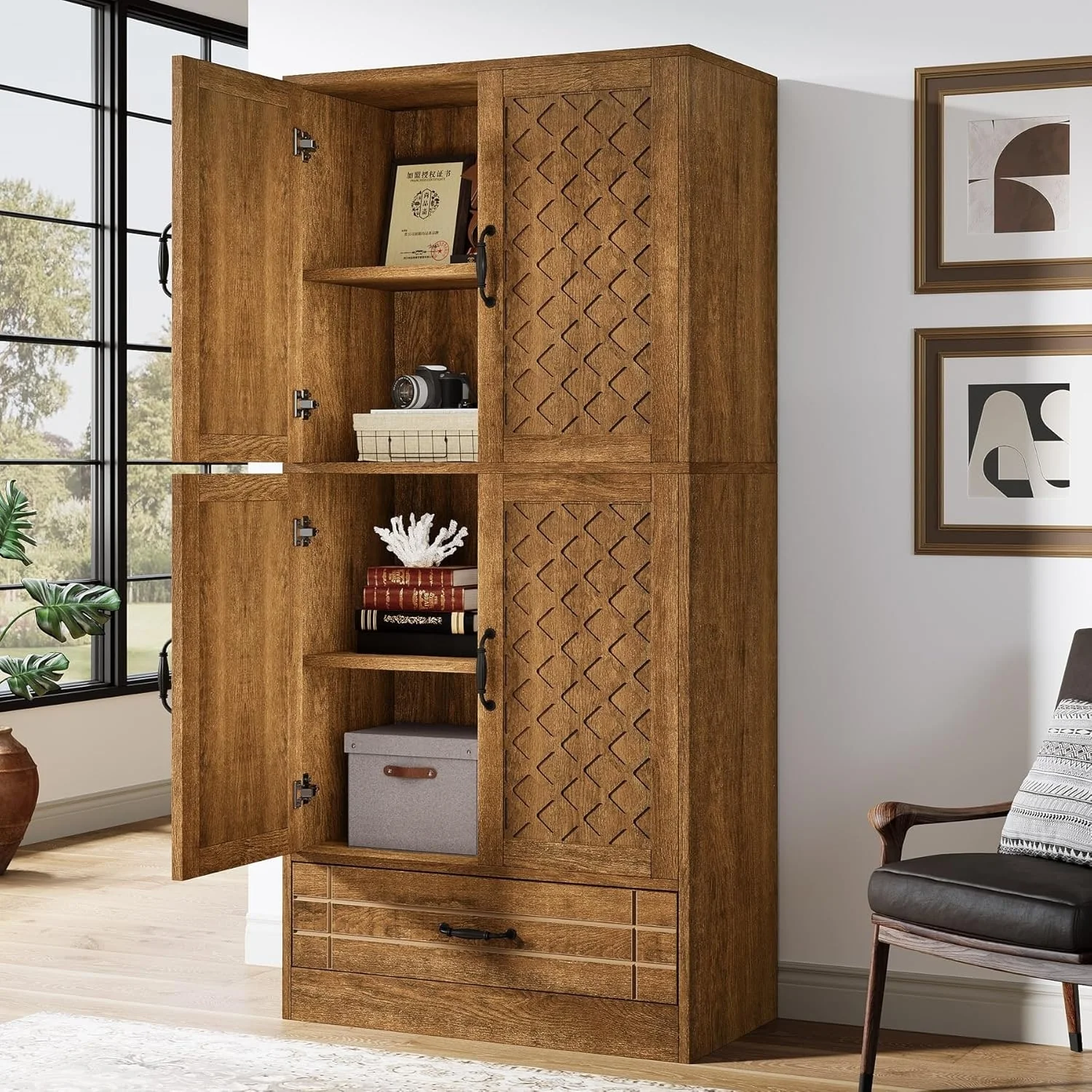 Bookcase with Door and Drawer, Farmhouse Tall Bookshelf Cabinet