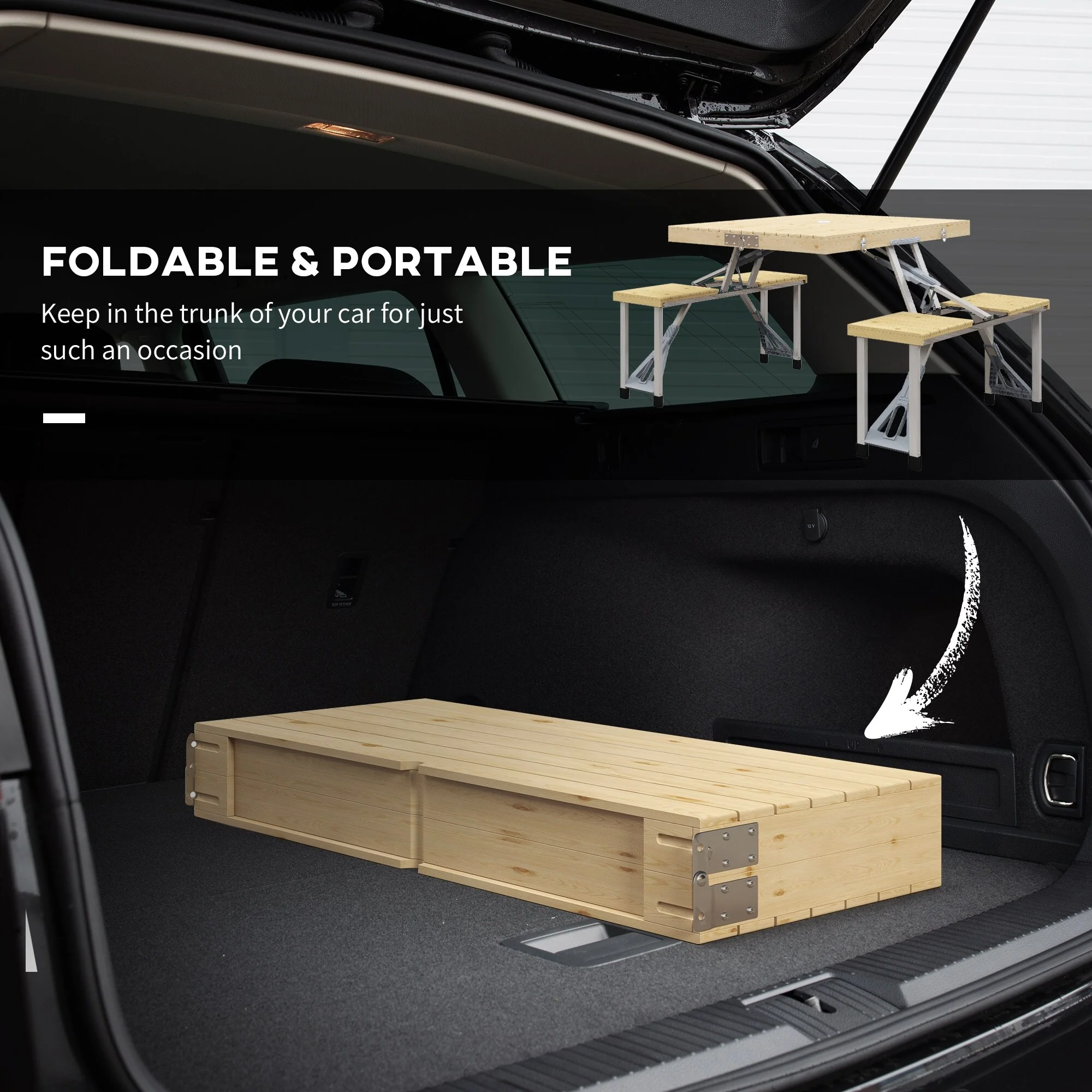 Folding Picnic Table with Seats and Umbrella Hole, Aluminum Frame Camping Table and Chairs Set, Portable for Patio, Yard