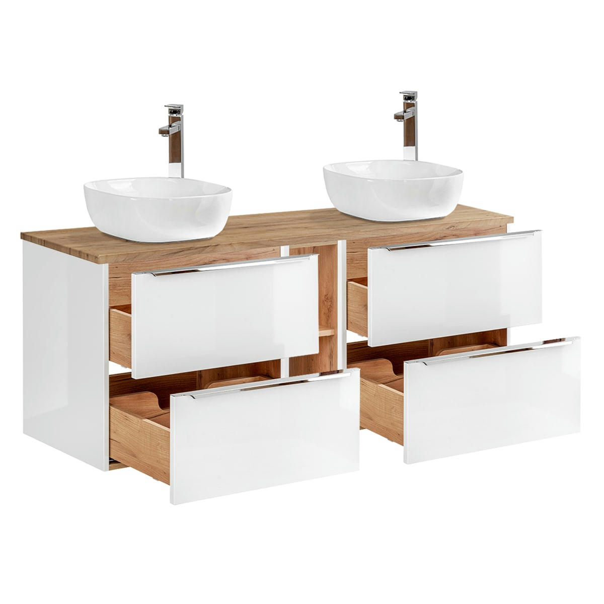 - Meuble double vasque 140cm 2 niches blanc et naturel