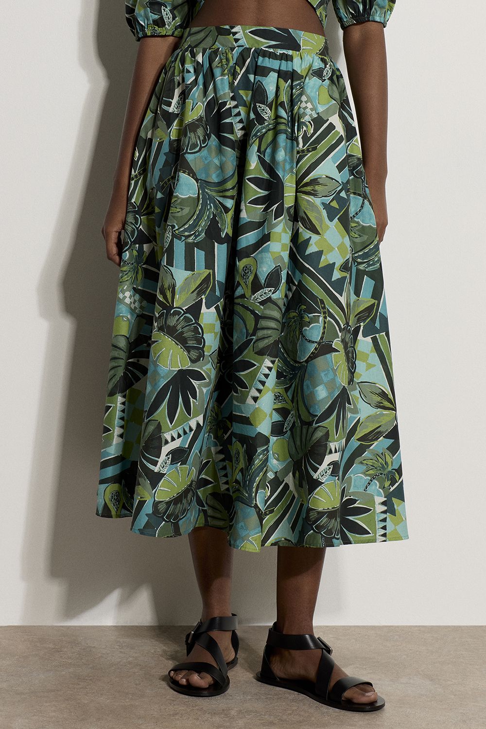 Apricot Tropical Leaf Patchwork Cotton Midi Skirt