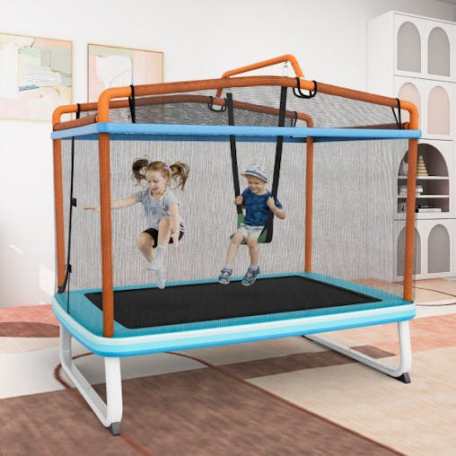 NNECW 3-in-1 Rectangle Trampoline for Kids with Swing & Horizontal Bar-Orange