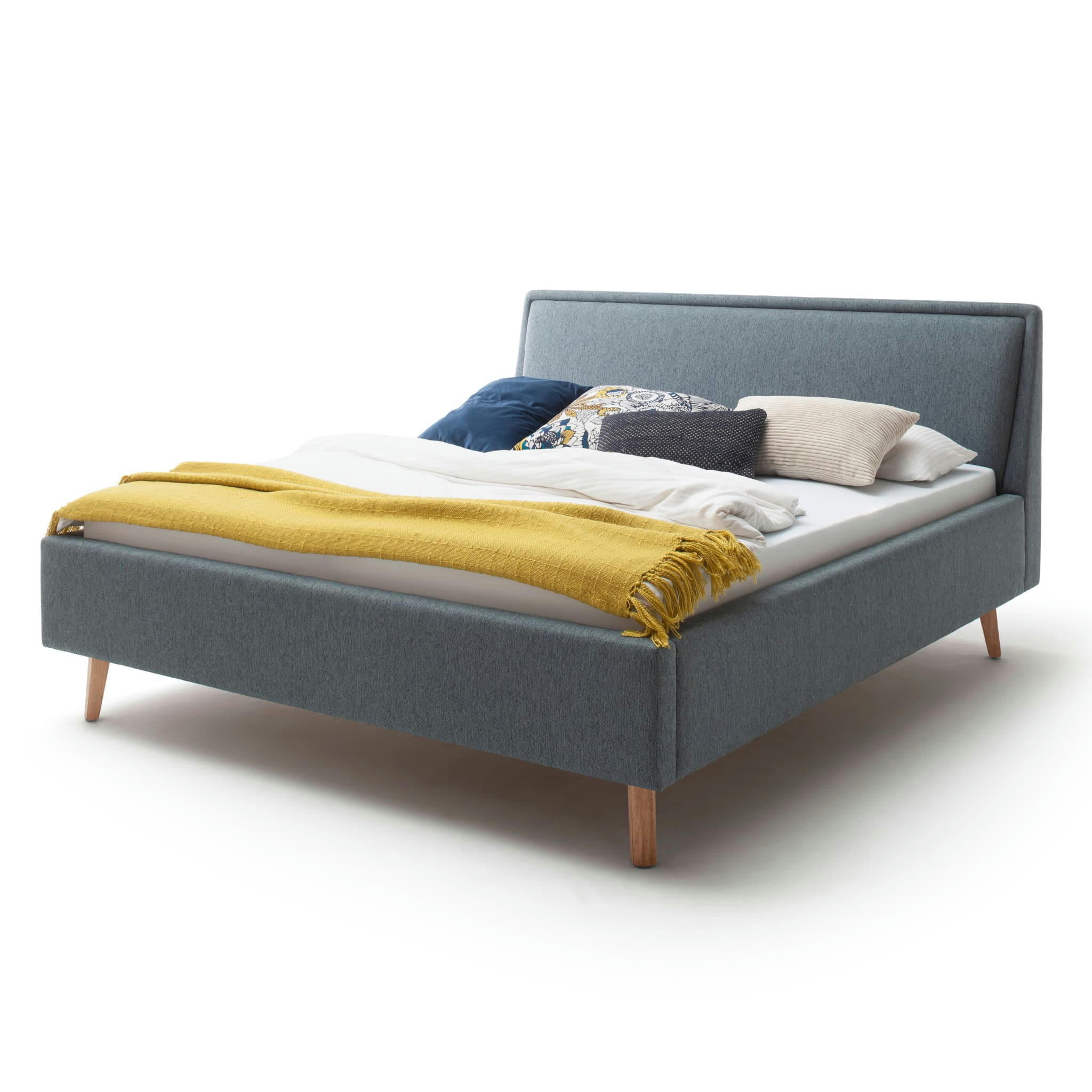 - Lit rembourré en tissu avec tête de lit lisse bleu 160x200