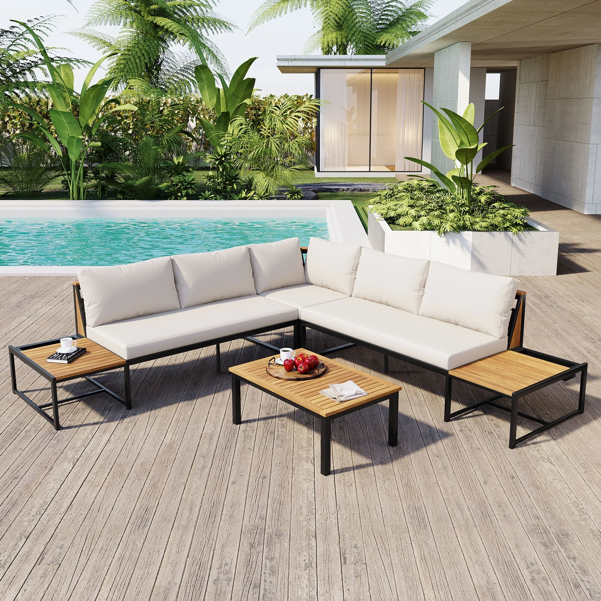 Patio Furniture Set with Loveseats, 4 Pieces Outdoor Sofa Set with Waterproof Cushions, Patio Furniture with Durable Iro
