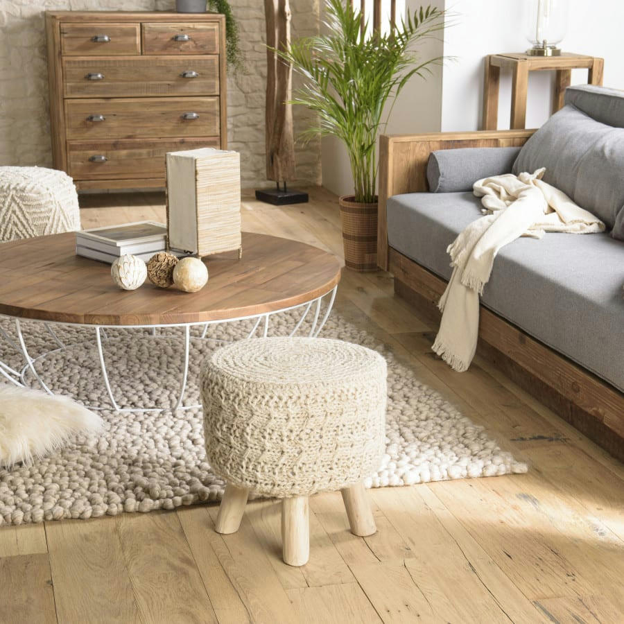 CHARLES - Tabouret rond bois et laine ivoire