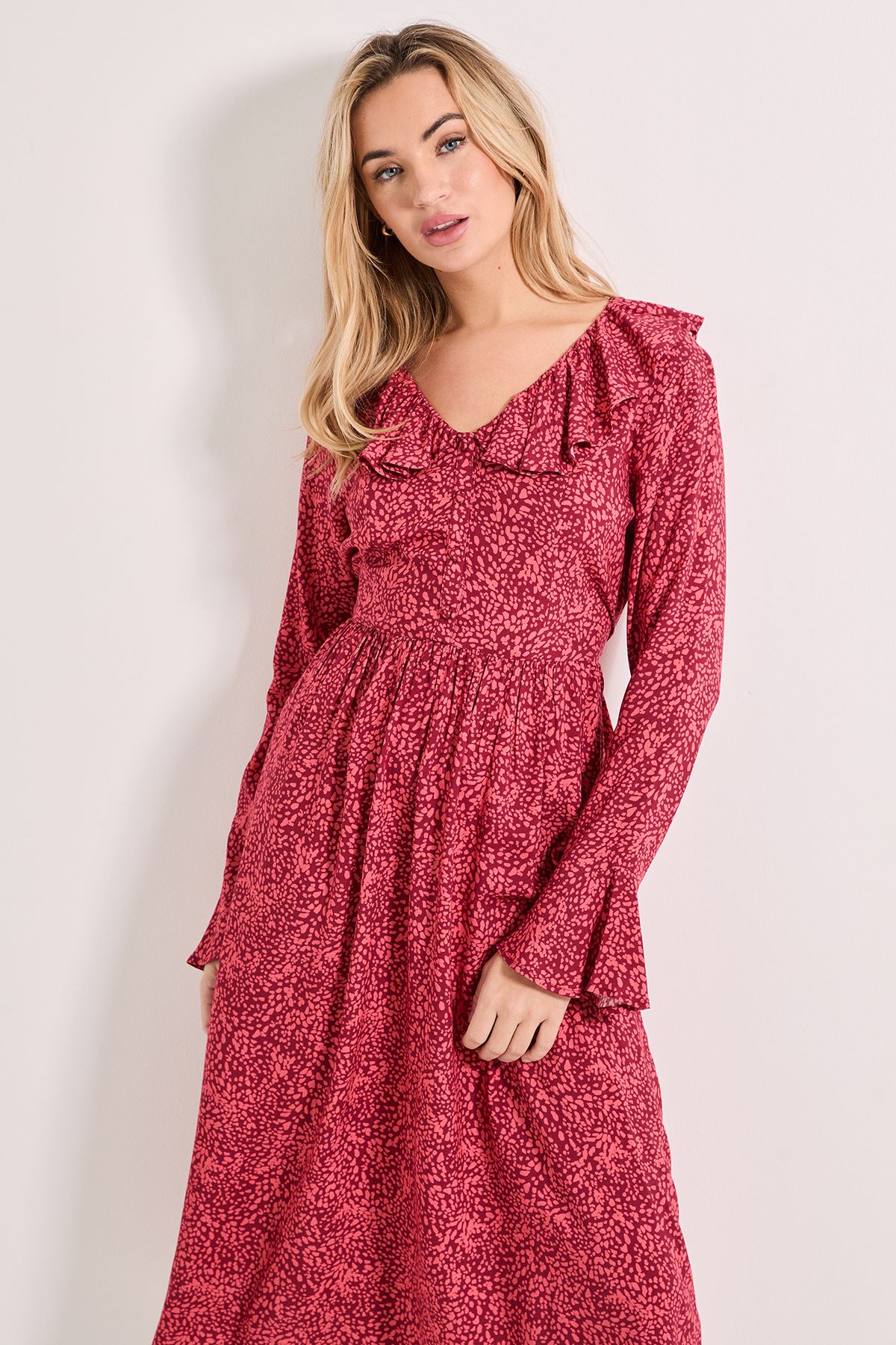 Dorothy Perkins Pink Animal Frill Neck Button Front Printed Midi Dress